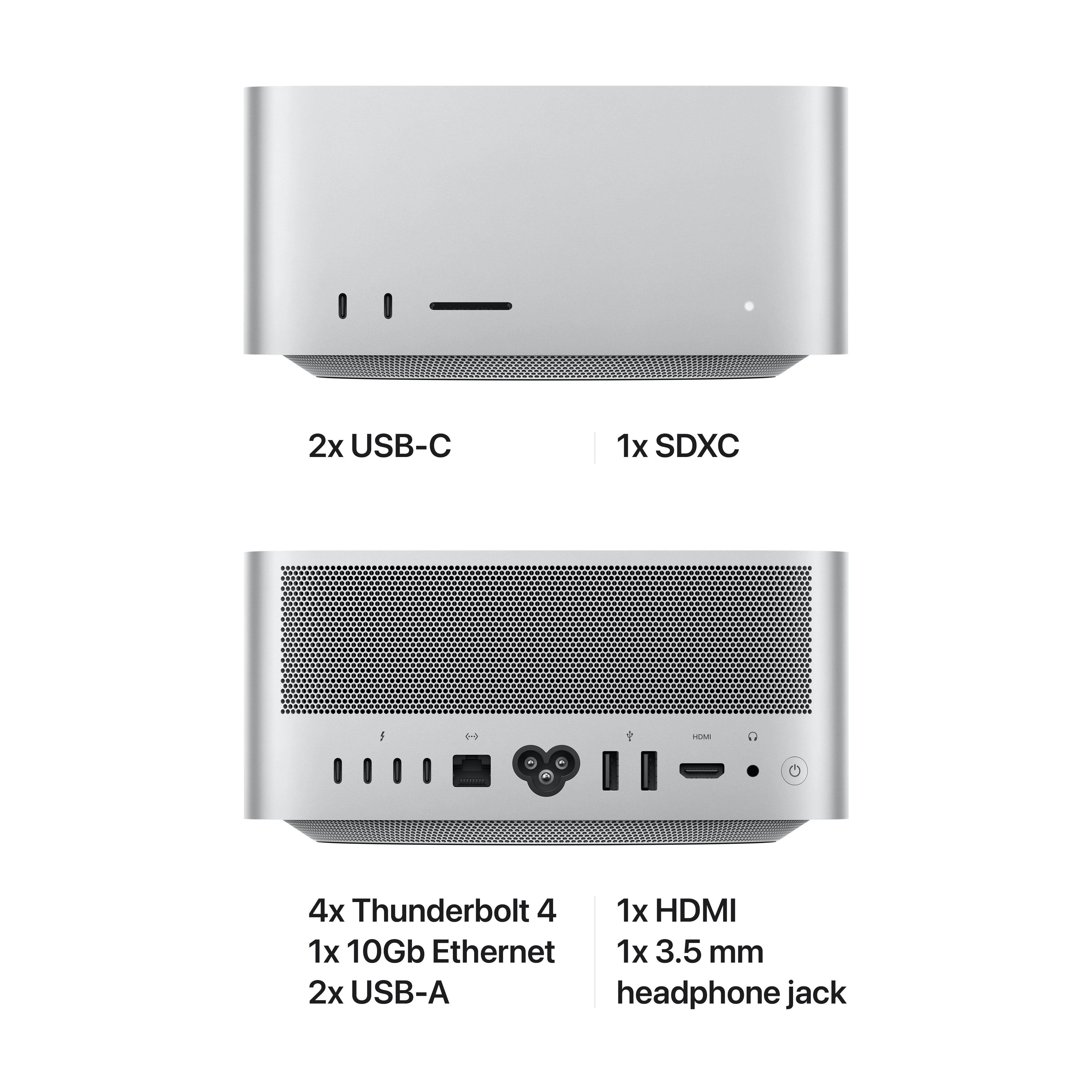 Zilveren computerbasis met poorten. Tekst luidt: 2x USB-C en andere poorten.