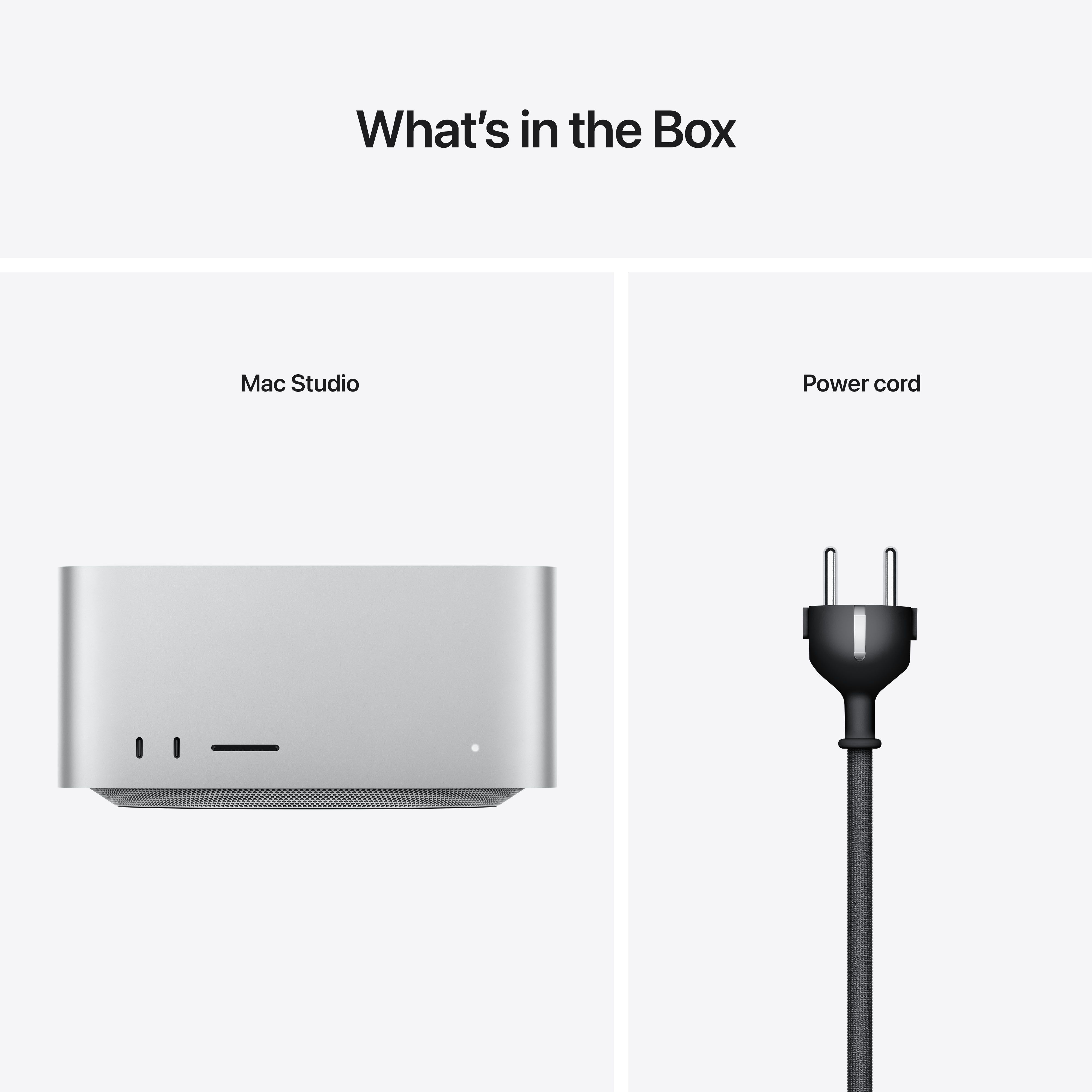 Mac Studio en netsnoer op witte ondergrond, met de tekst 'What's in the Box'.