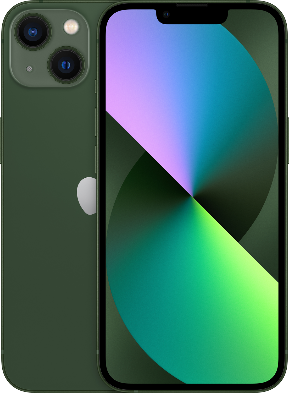 Green iPhone with two cameras on the back, a black camera, and a green back. Screen displays a colorful wallpaper.