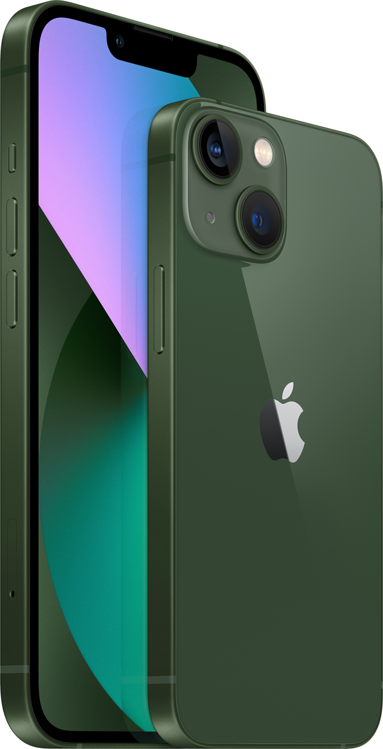 Green iPhone 13. Front view with screen on, back view, and side view.