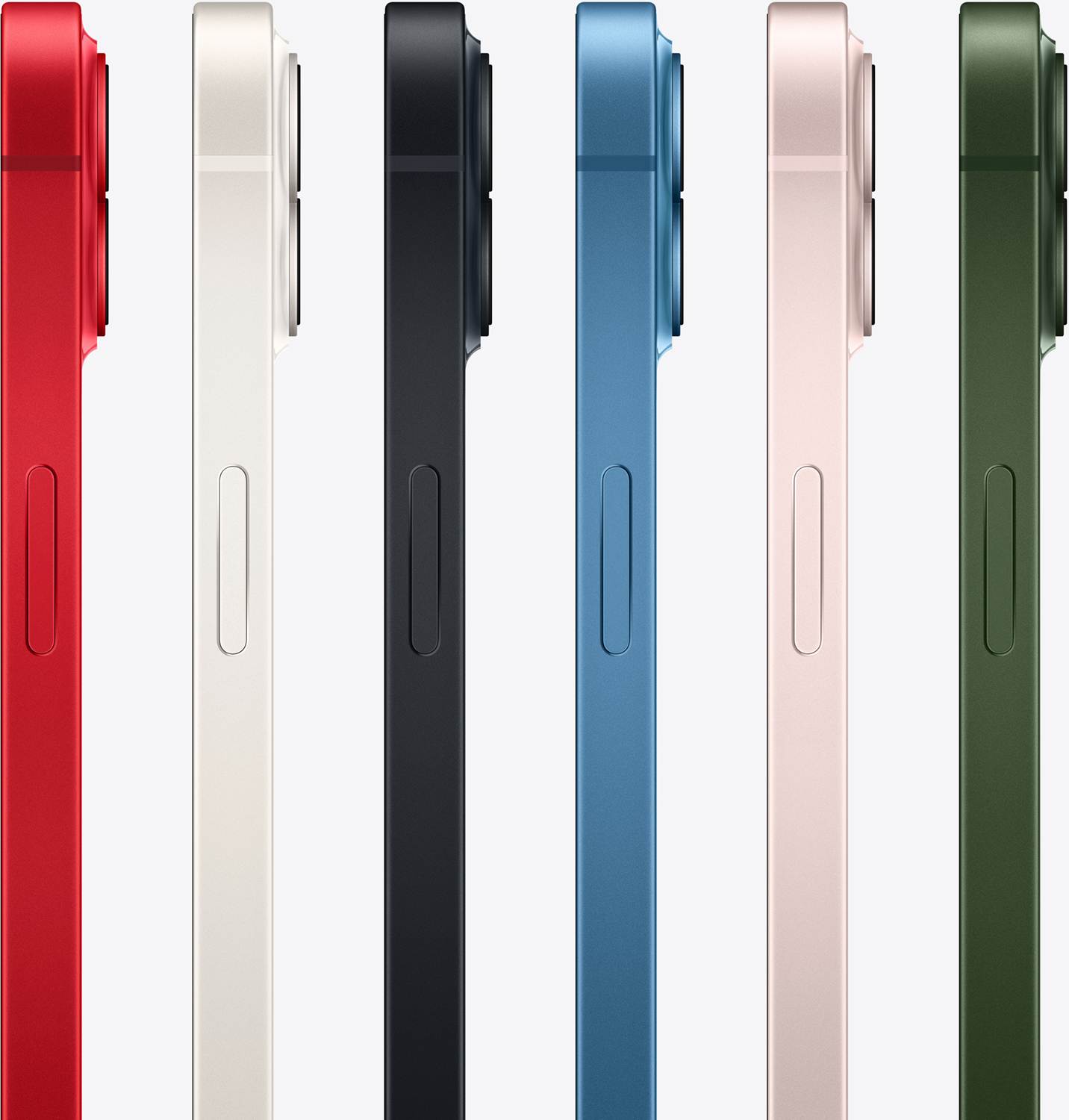 Vue latérale de six iPhone 13 colorés. De gauche à droite : rouge, blanc, noir, bleu, rose et vert.