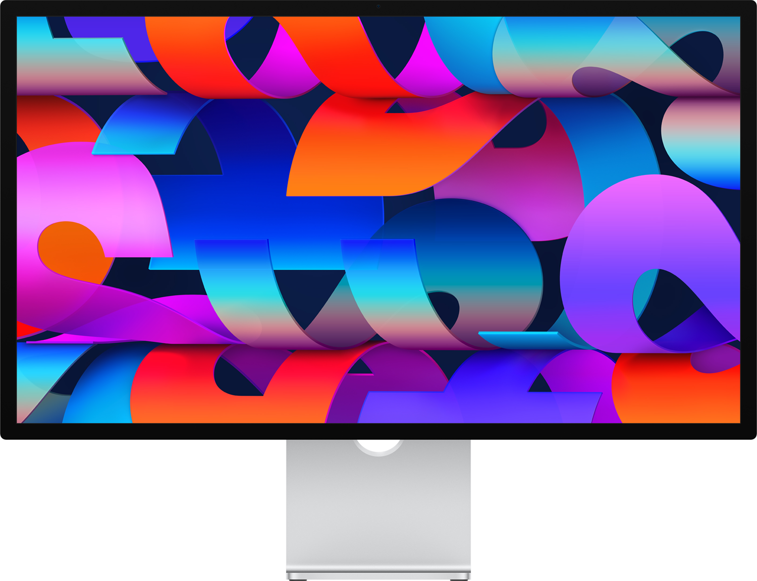 Een monitor met een kleurrijke abstracte achtergrond. De standaard is zilver.