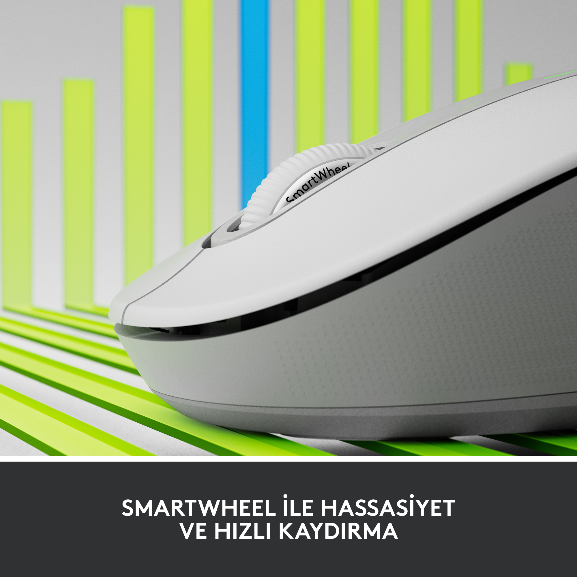 Kaydırma tekerleği olan beyaz fare. Arka planda yeşil ve mavi çizgiler.
