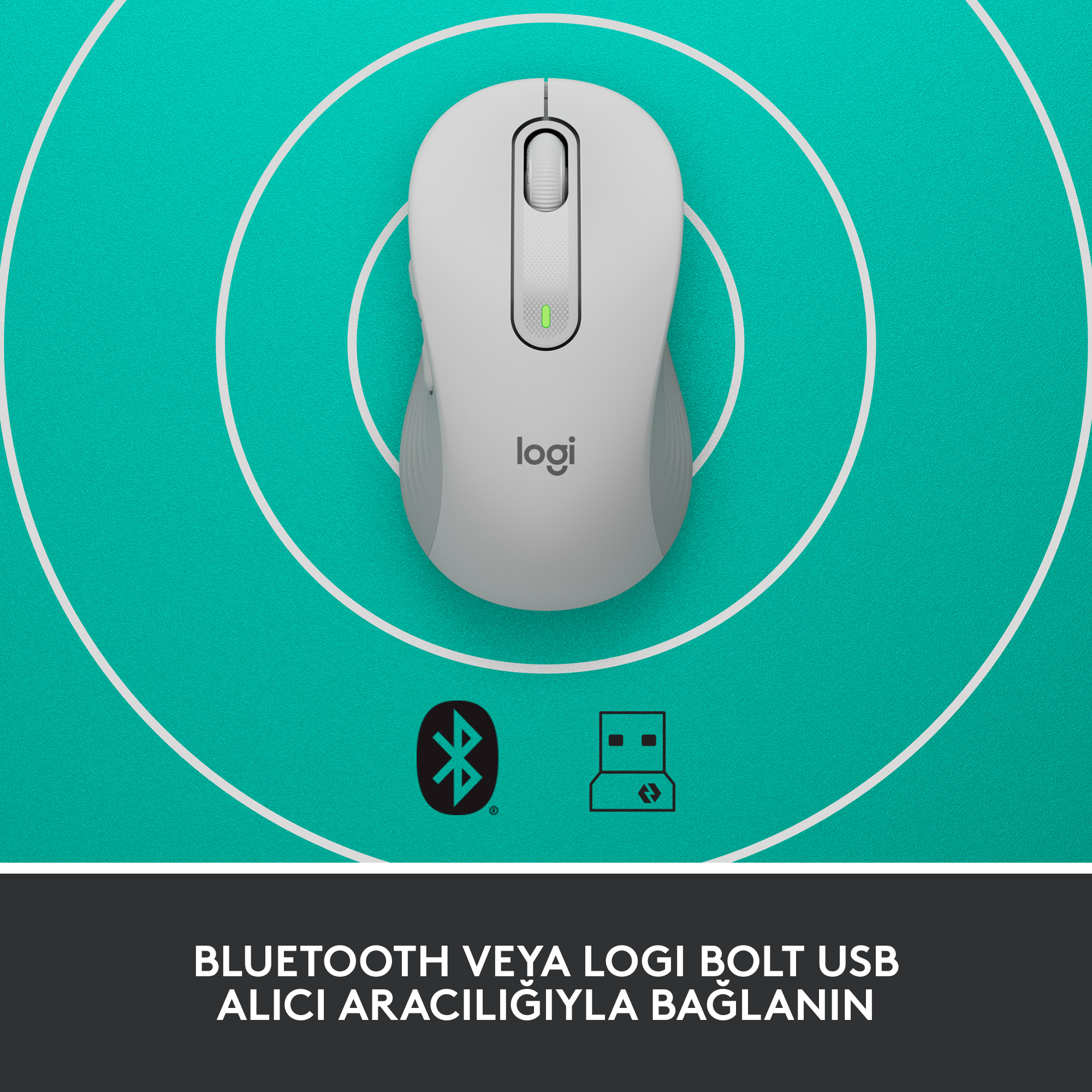 Bluetooth ve USB sembolleri olan mavi bir yüzeyde beyaz ve gri kablosuz fare.