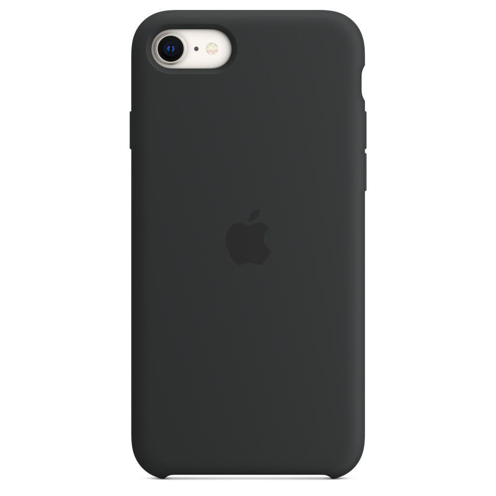 Schwarzes iPhone. Kamera und Apple-Logo sichtbar. Schwarze Hülle. Einfaches, schlankes Design.