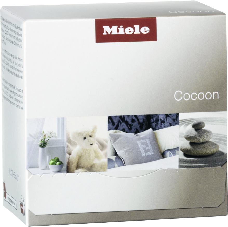 Une boîte Miele Cocoon avec des images d'intérieur. La boîte porte le logo Miele et le nom du produit 'Cocoon'.