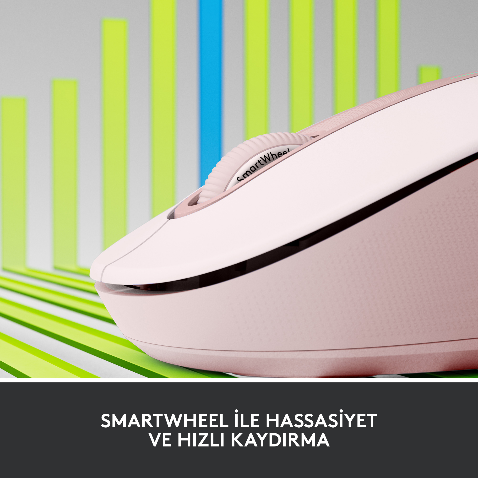 Akıllı tekerleği olan pembe bir bilgisayar faresi ve altında metin.