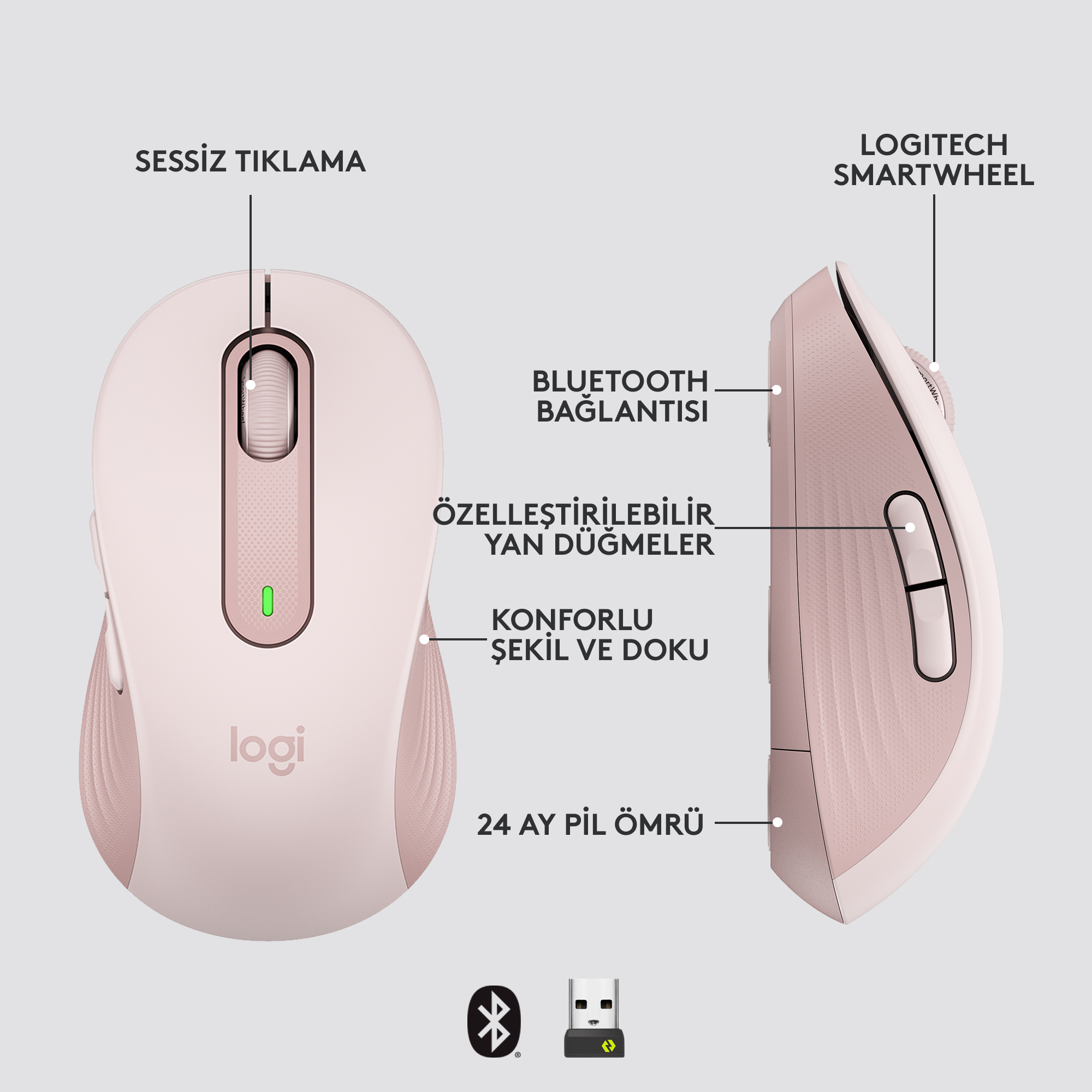 Logitech Smartwheel ve Bluetooth bağlantı simgeleri dahil olmak üzere etiketleri olan pembe kablosuz fare.