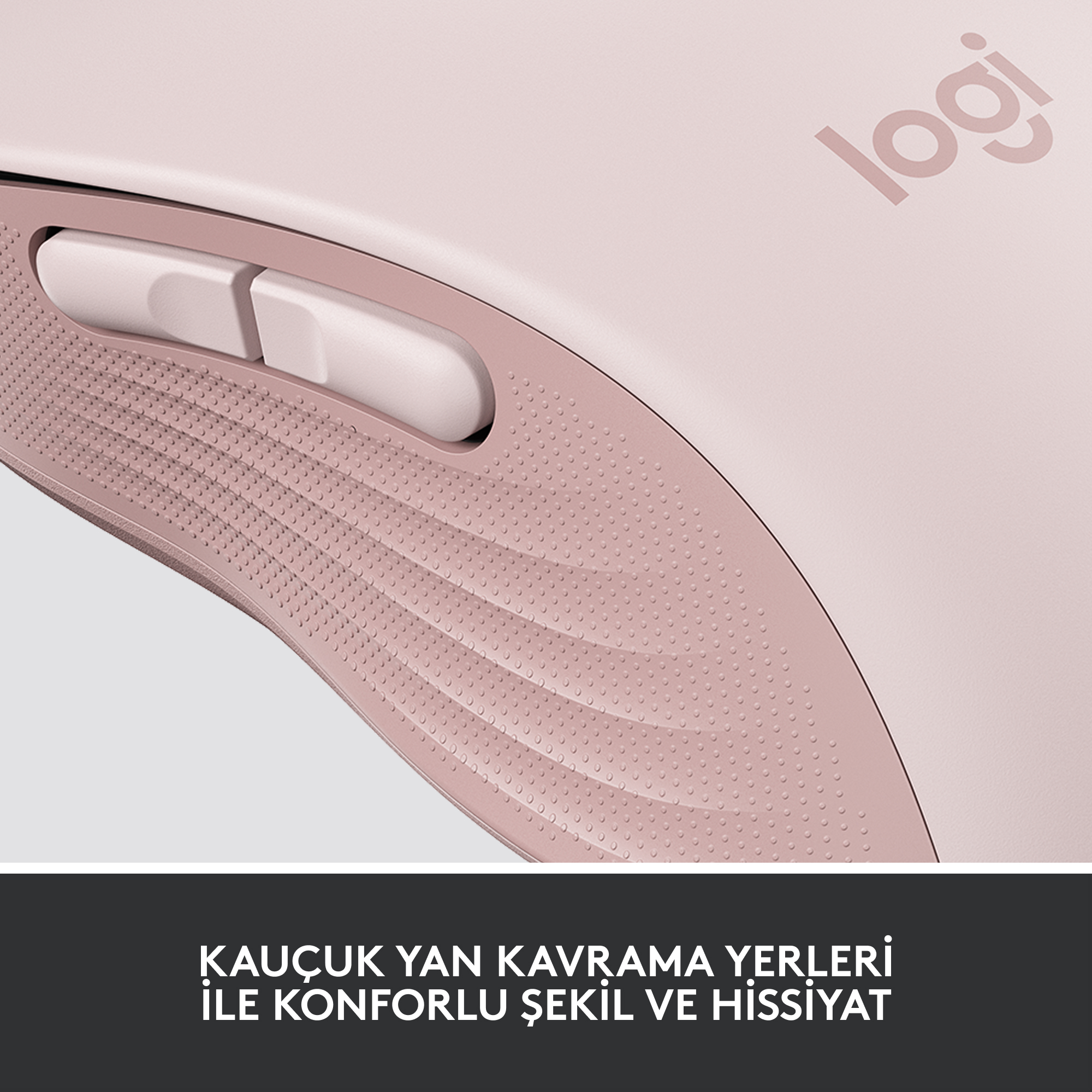 Pembe Logitech fare detayı, düğmeler ve kavrama yüzeyi görünür. Logo sağ üst köşede.