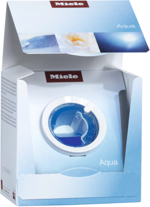 Boîte blanche et bleue avec produit pour machine à laver. Logo Miele visible.