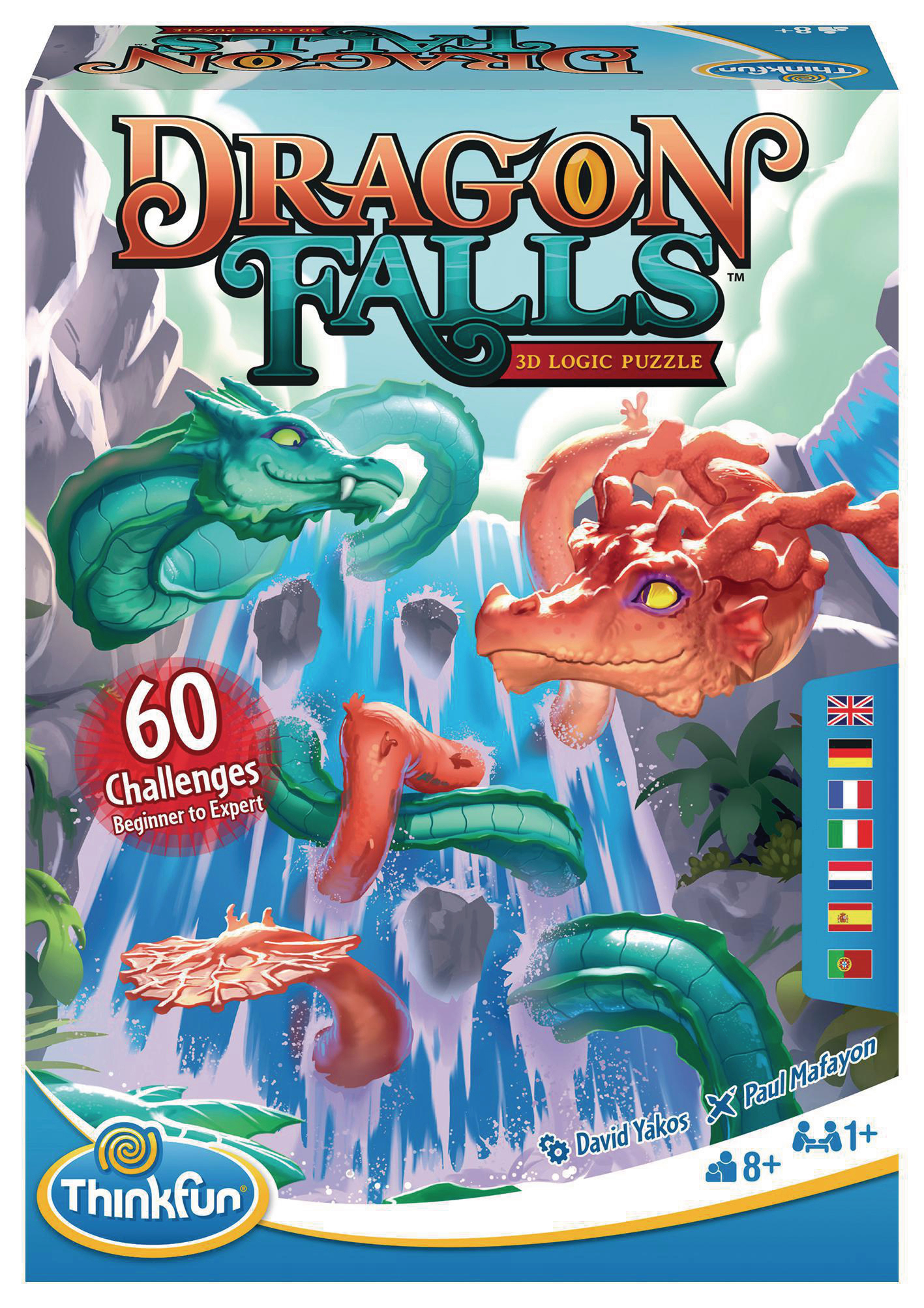 Dragon Falls Spielbox, Drachen, Wasserfälle, und eine Box mit Flaggen zeigend.