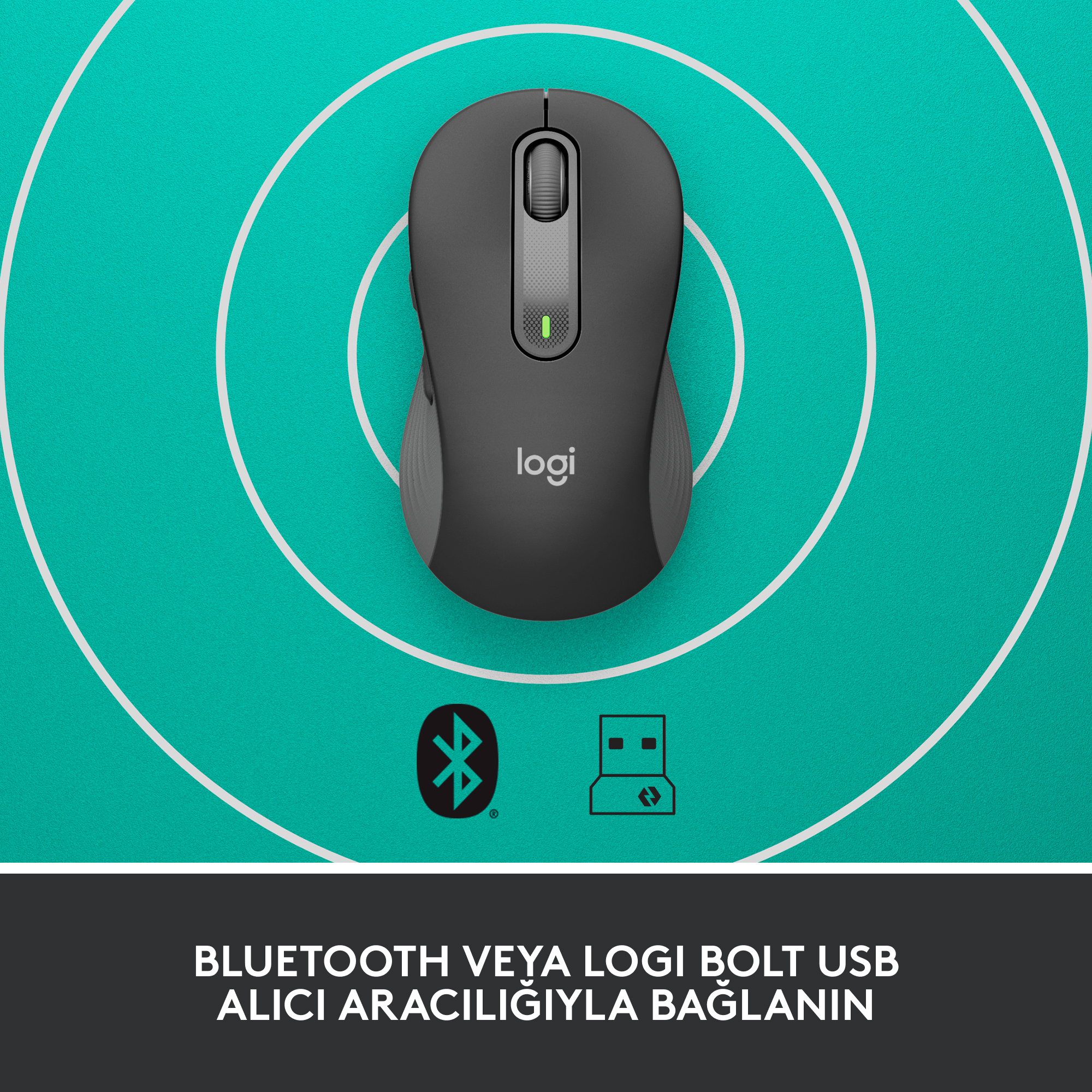 Mavi ve beyaz daireler üzerinde siyah fare. Bluetooth ve USB simgeleri gösteriliyor.