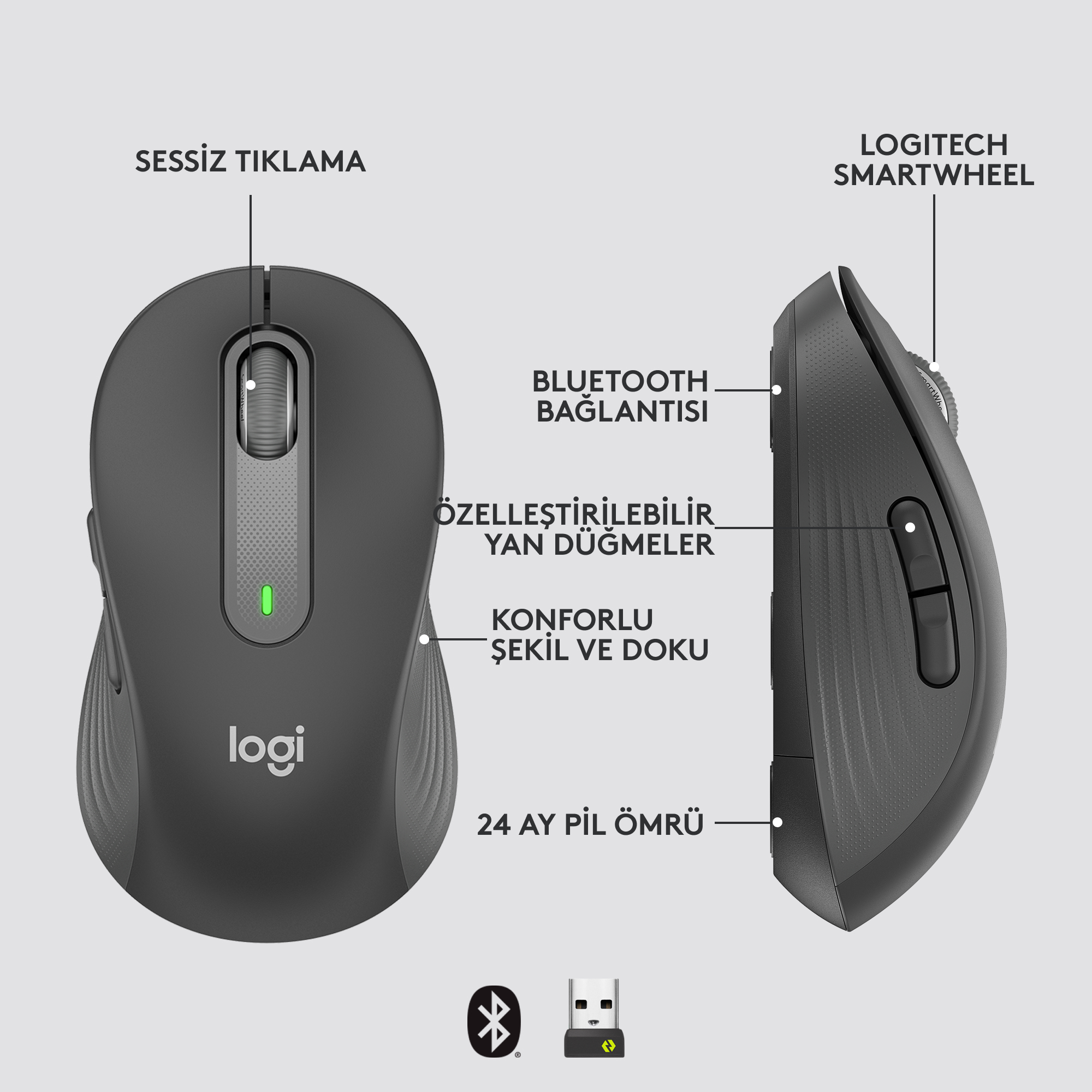 Logitech fare: siyah, yan düğmeler, kaydırma tekerleği ve bir usb sembolü ve bluetooth sembolü ile.