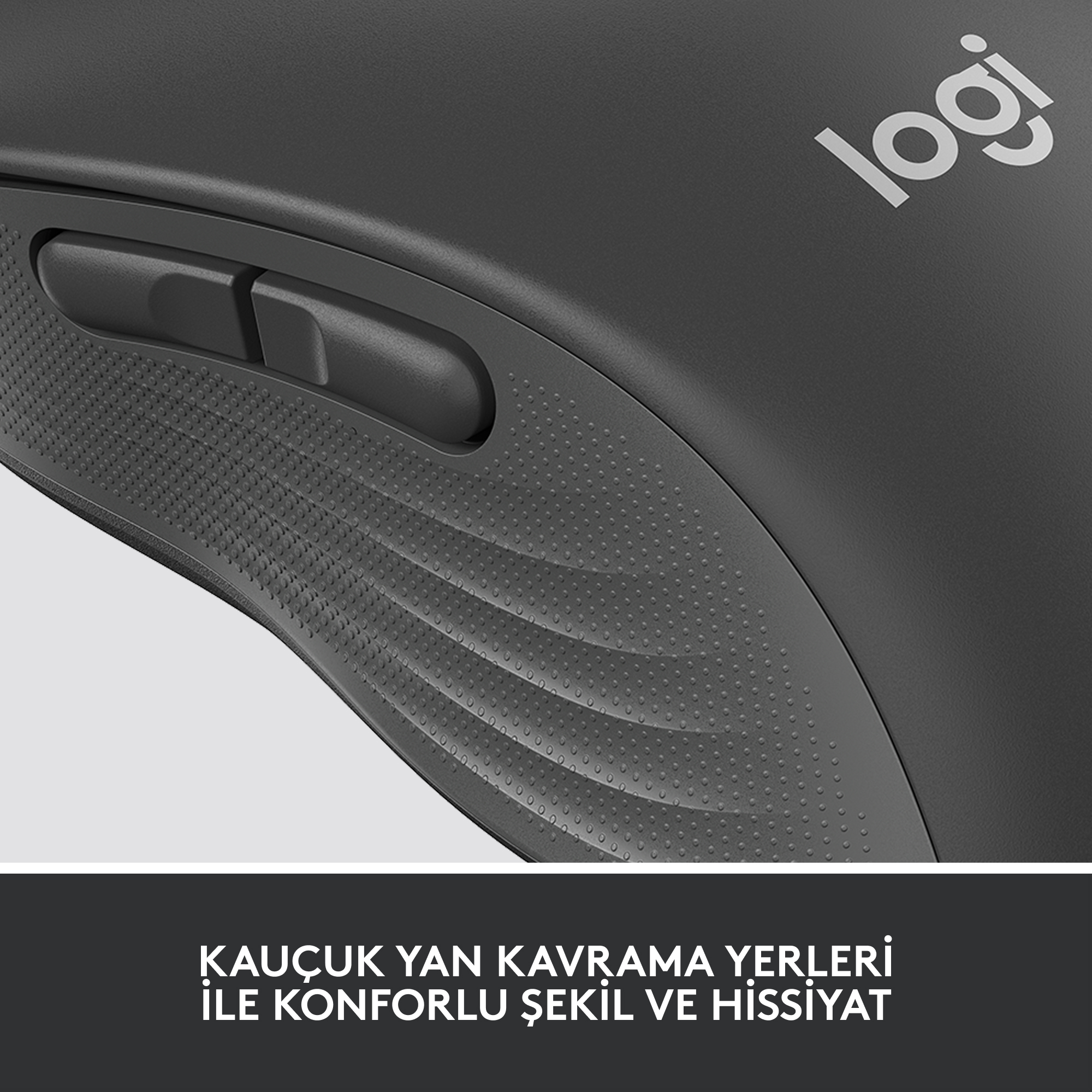 Dokulu tutma alanları ve Logitech logosu olan siyah bir Logitech fare.