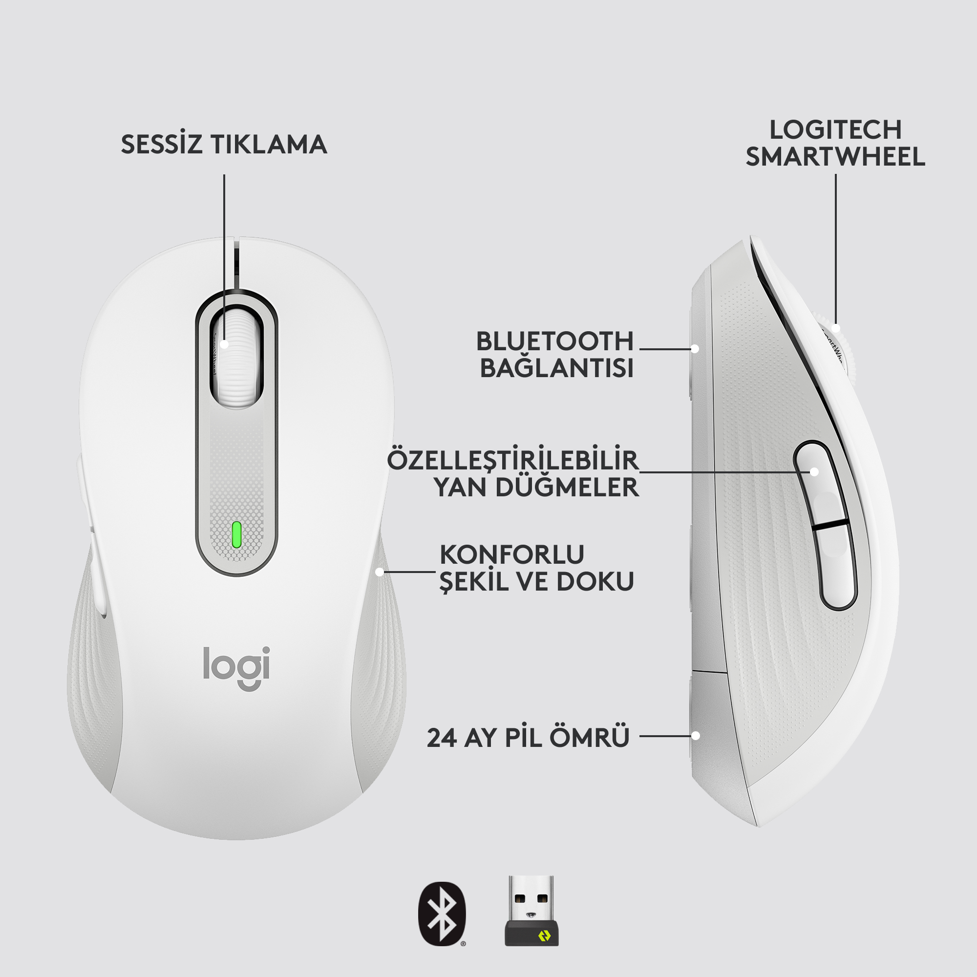 Etiketli özelliklere sahip beyaz bir Logitech fare. Metin: 'Logitech Smartwheel', 'Bluetooth Bağlantısı'.