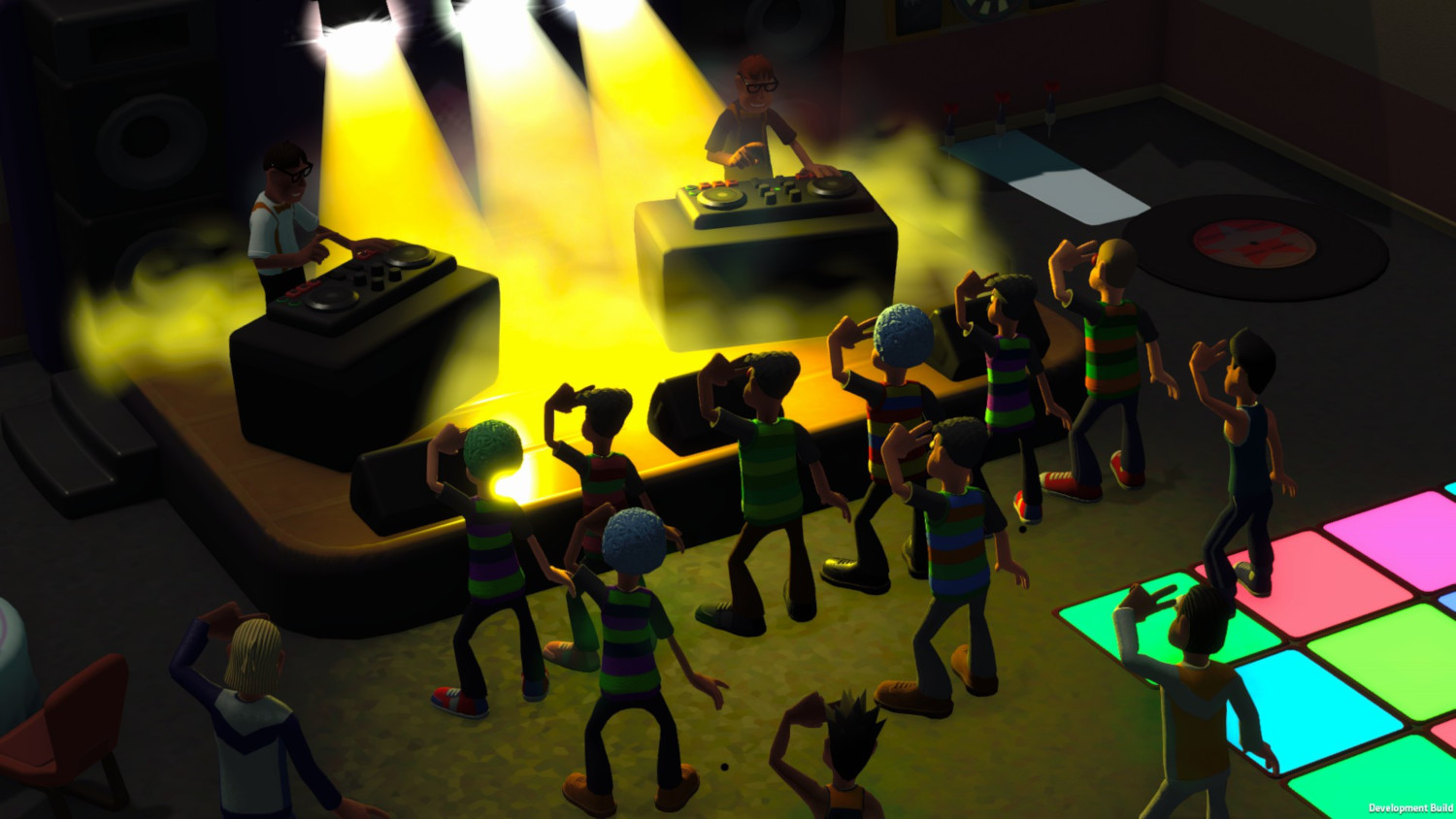 Des gens dansent dans un club avec des DJ. Des lumières et une piste de danse sont en arrière-plan.