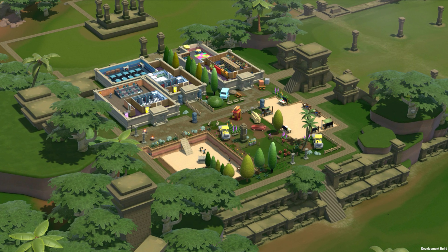 Vue isométrique d'un environnement de jeu avec des bâtiments et des arbres.