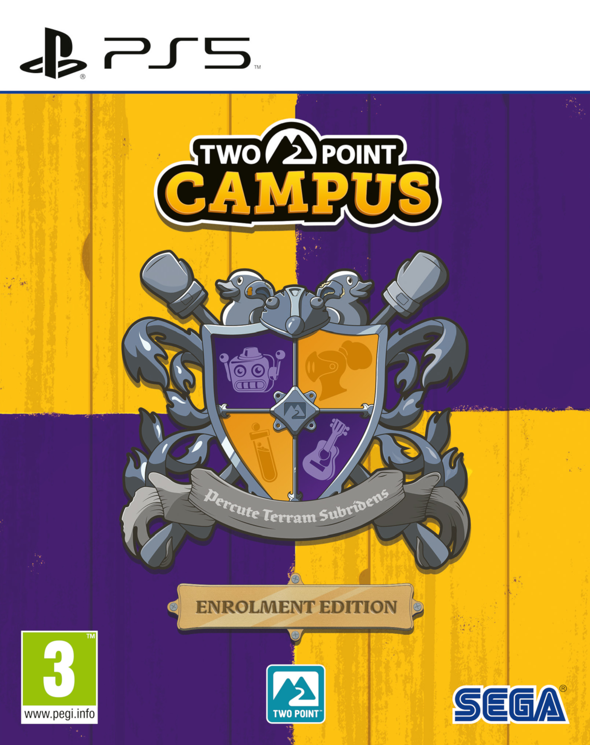 La jaquette du jeu Two Point Campus sur PS5. Elle présente le logo du jeu et un design sur le thème universitaire.