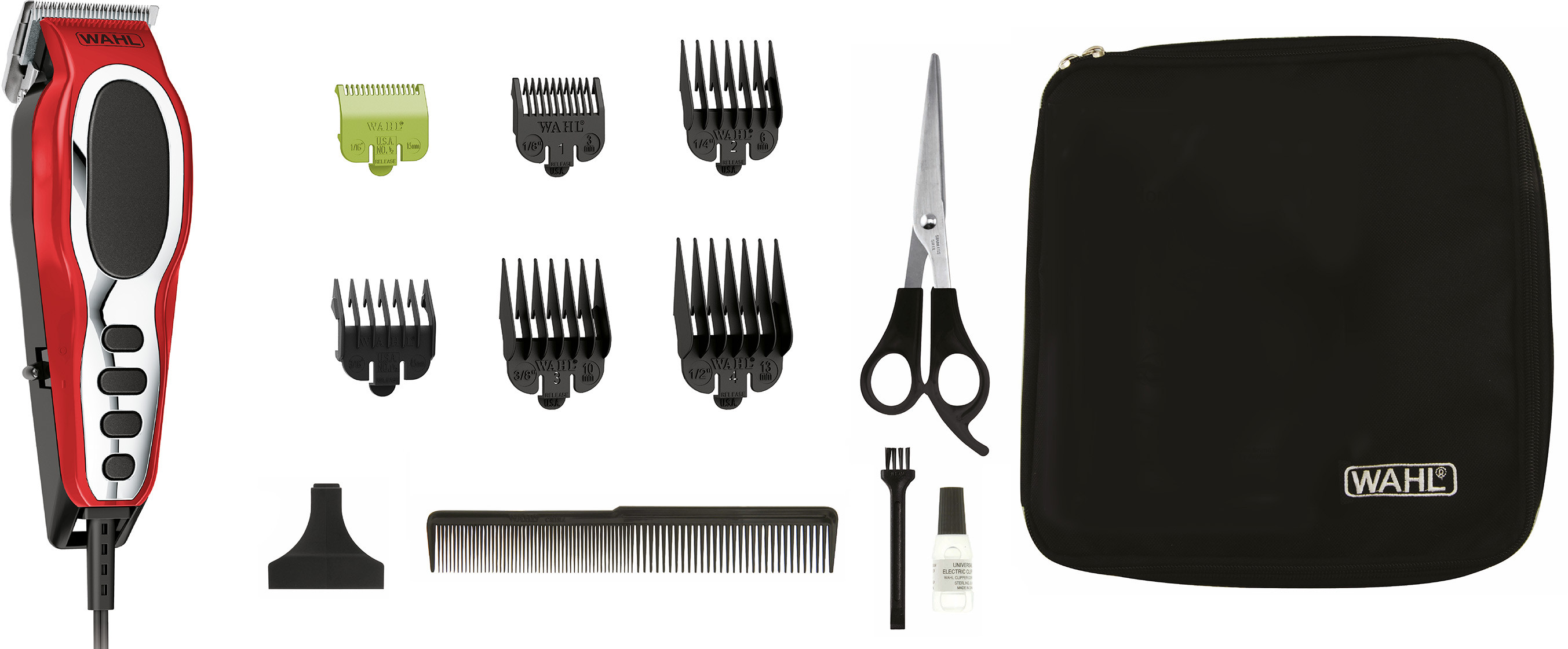 Een Wahl tondeuseset. Inclusief tondeuse, opzetkammen, schaar en een etui.