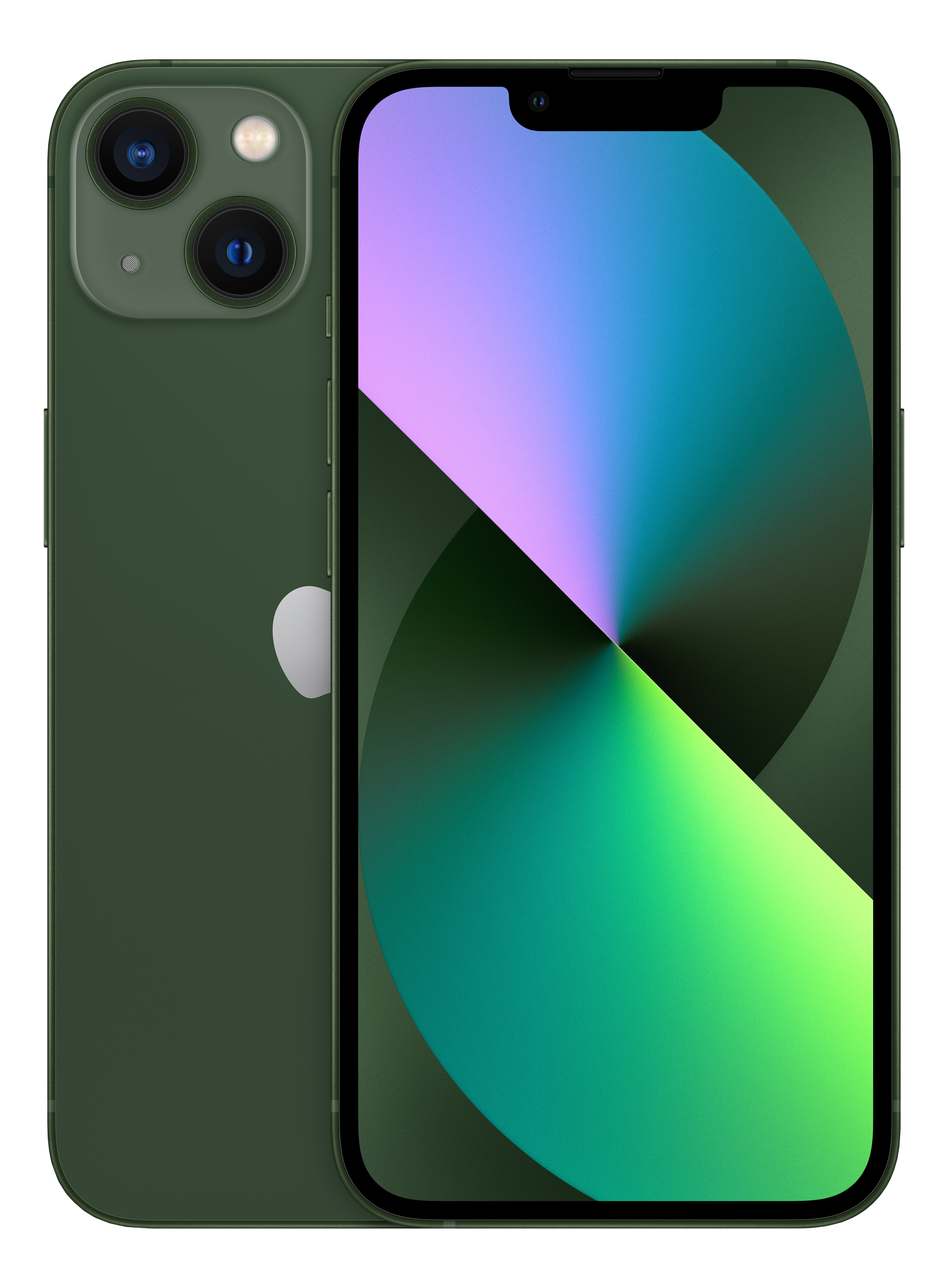 iPhone 13 verde con due fotocamere sul retro e un grande schermo. Sfondo nero.