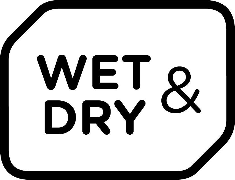Eine Schwarz-Weiß-Grafik mit den Worten Wet & Dry in einem Sechseck.
