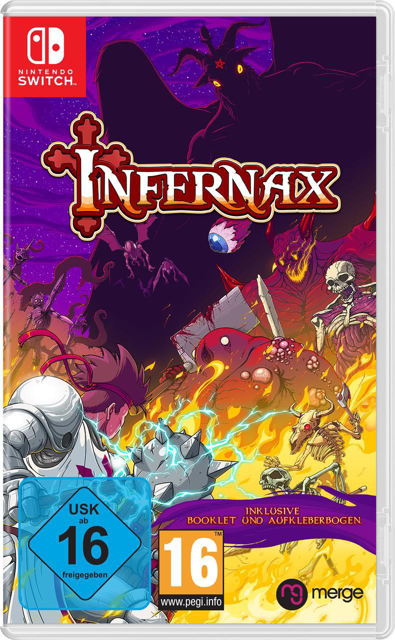Nintendo Switch-Spielbox mit dem Titel 'INFERNAX', mit Dämonen und einem Ritter.