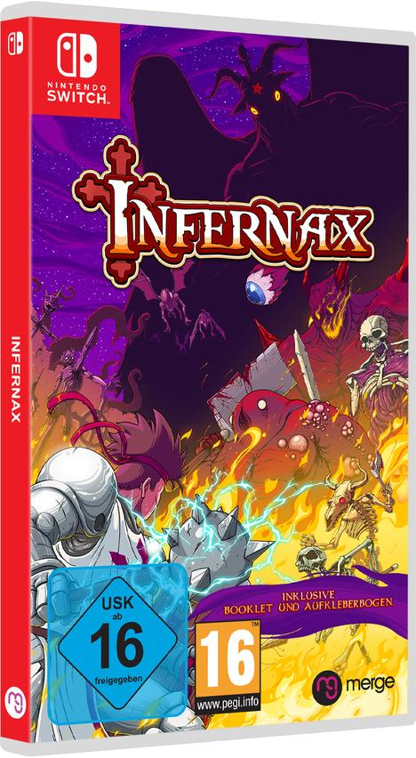 Spielcover für 'INFERNAX'. Zeigt einen Ritter, Skelette und einen bedrohlichen Dämon.