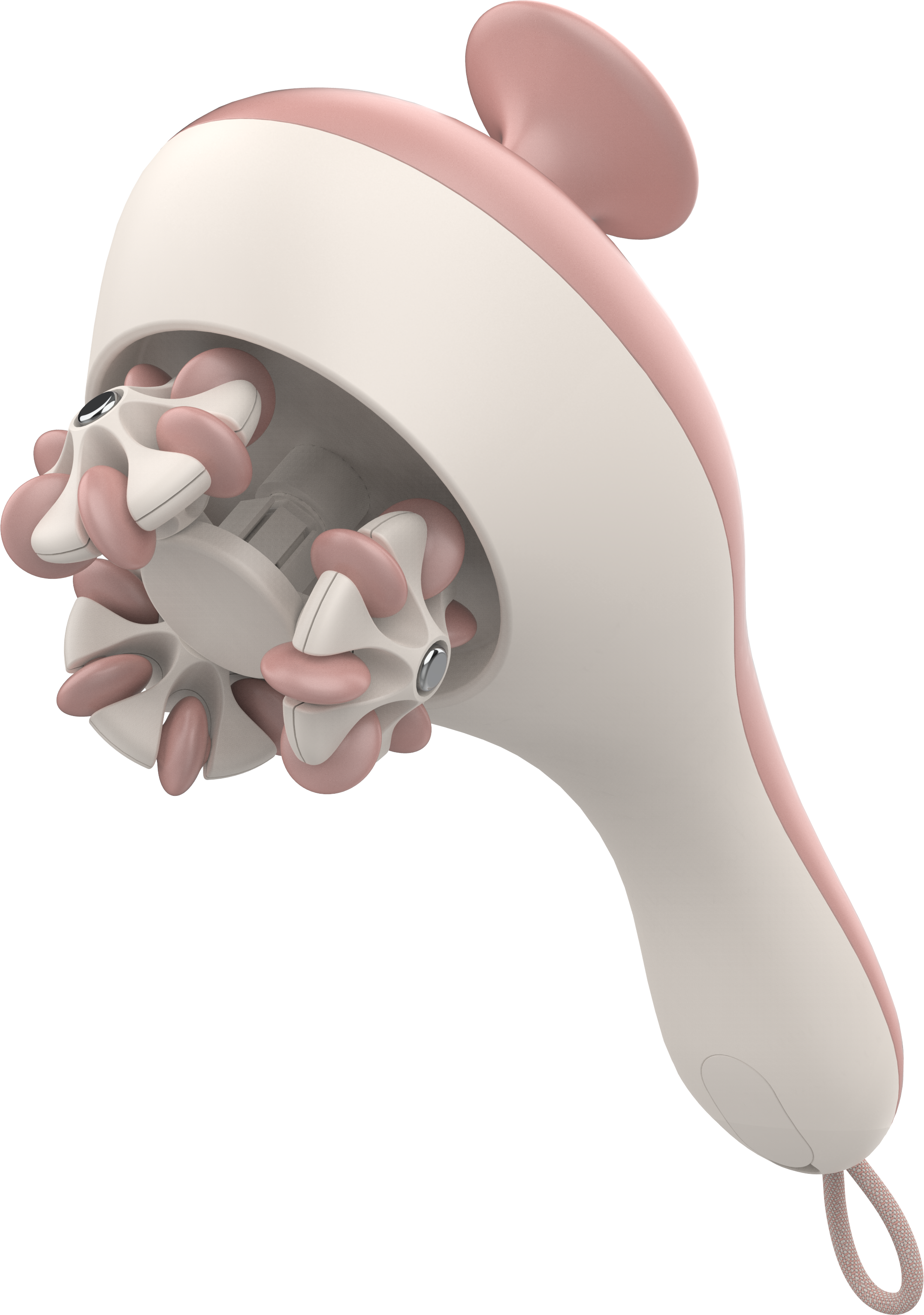A handheld massage device with multiple rotating pink and white rollers.