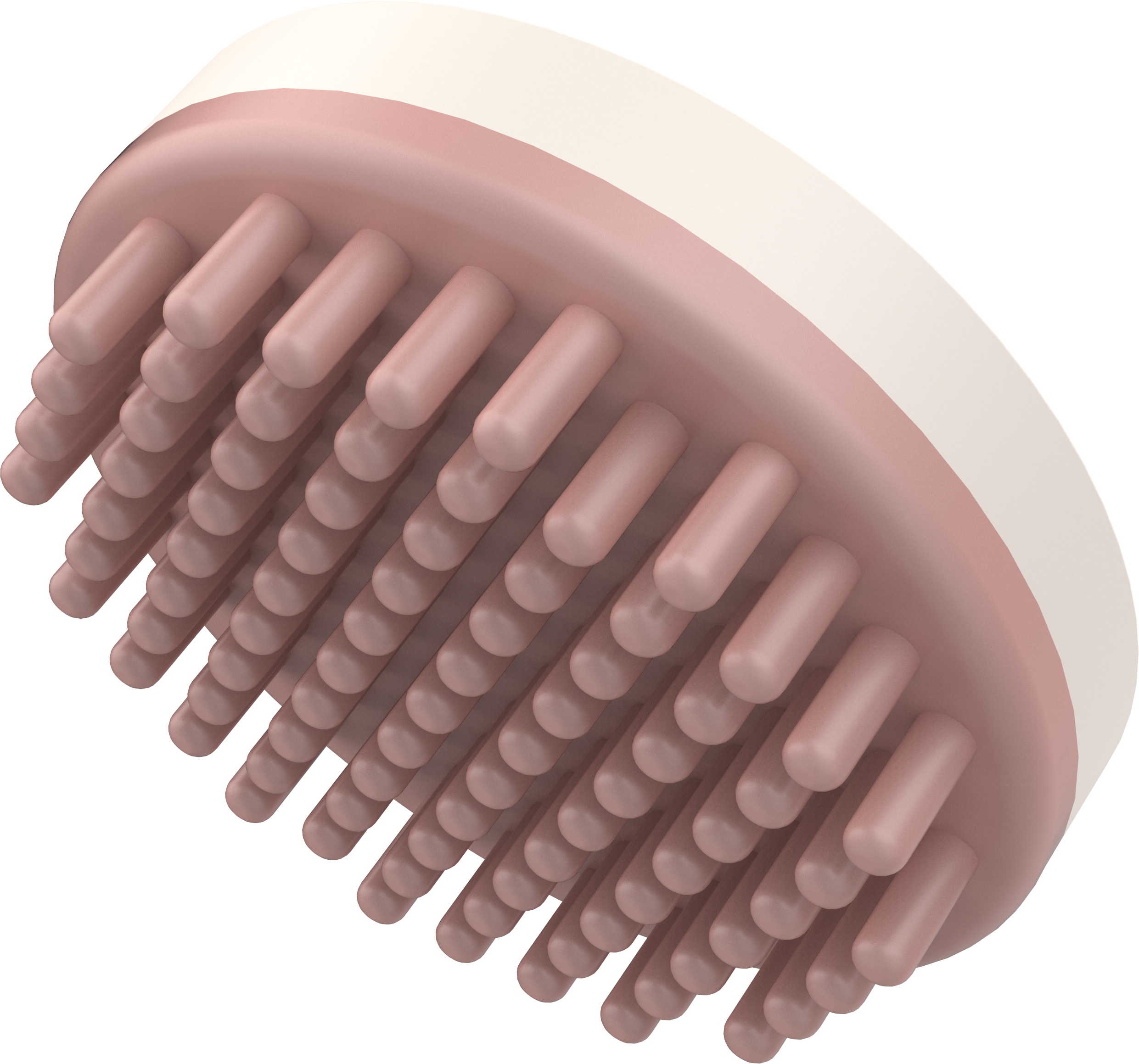 Pink and white oval-shaped massage brush, with many pink bristles.