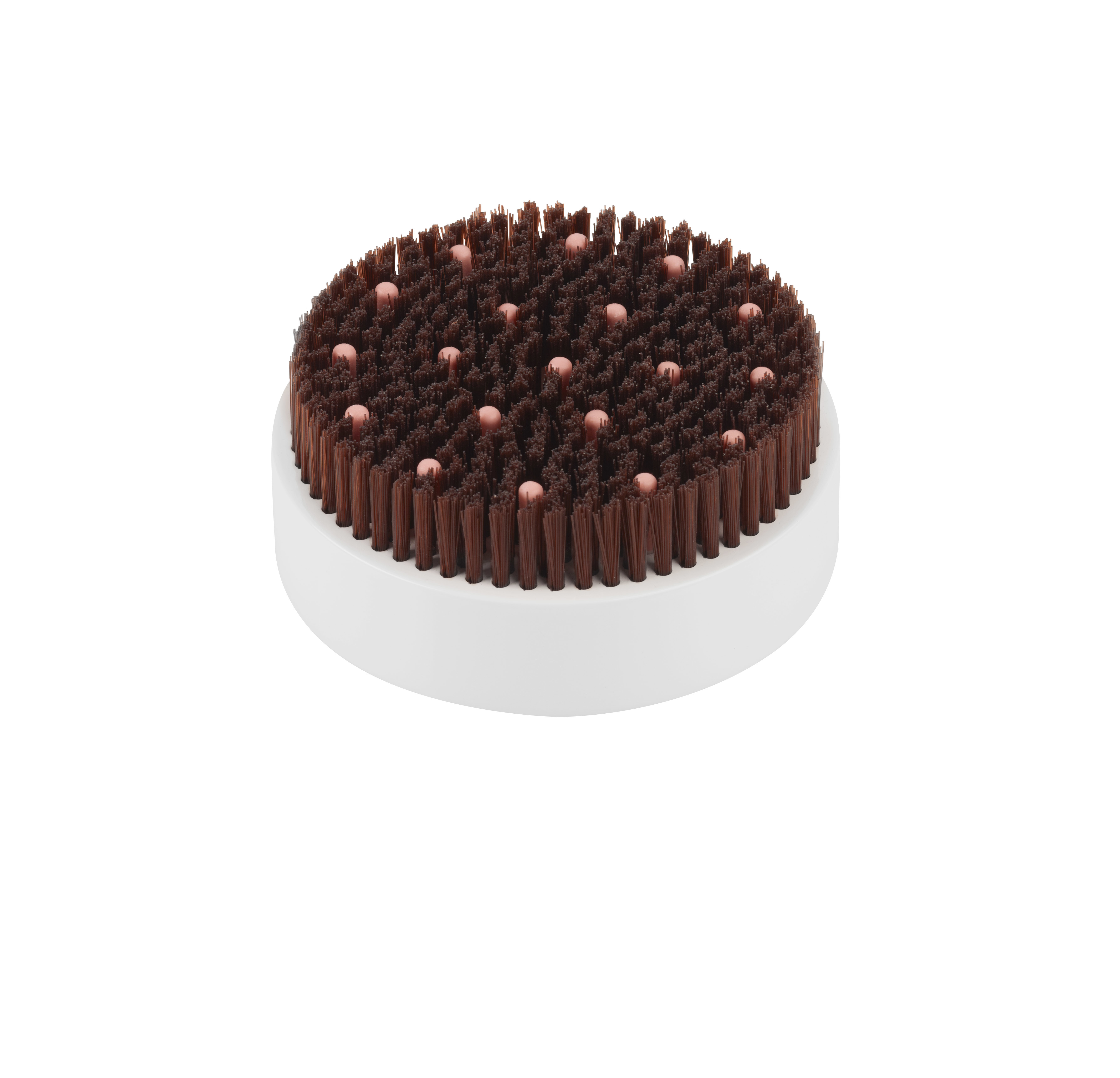 Round brush head with brown bristles and white base.