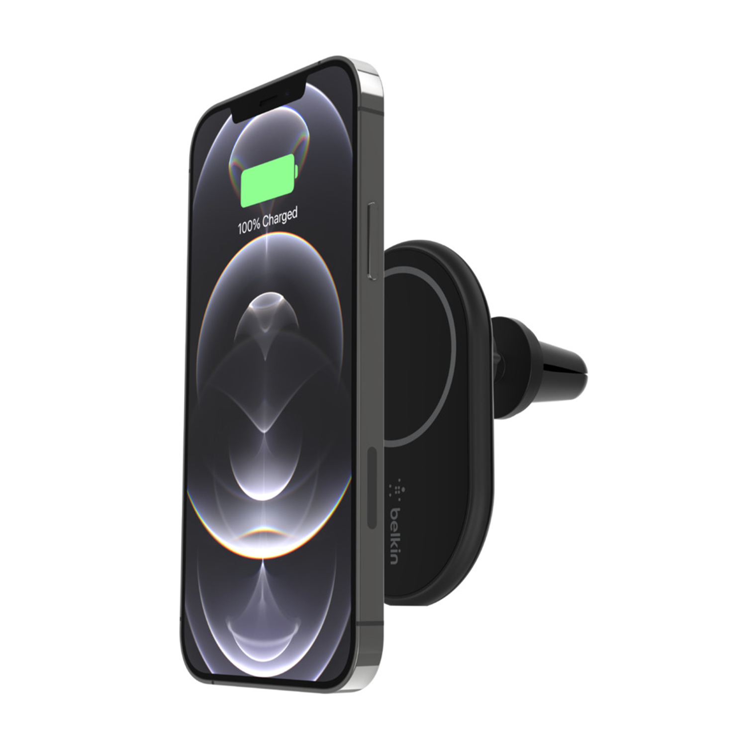 iPhone nero in carica tramite supporto auto Belkin, con '100% Carica' sullo schermo.