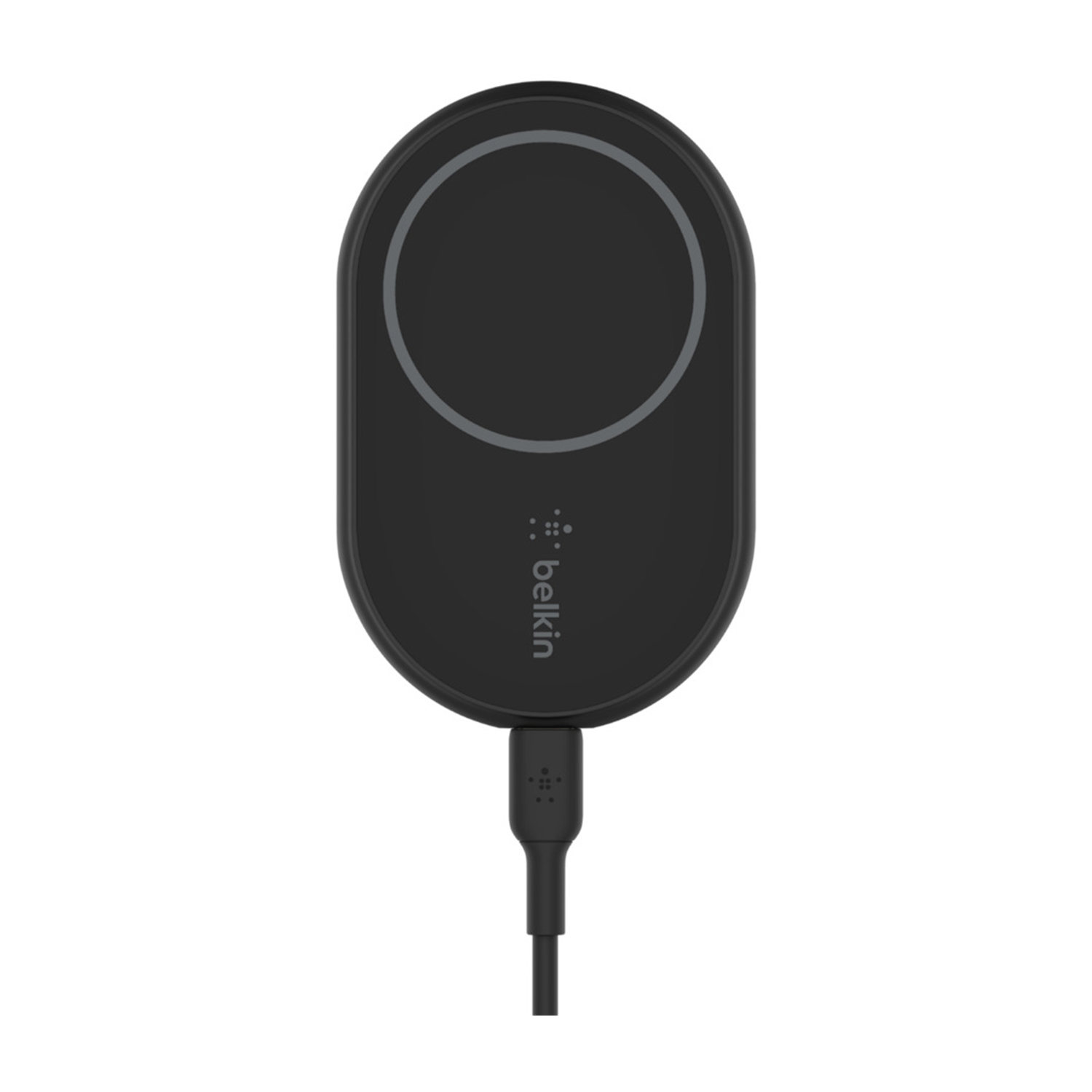 Caricatore wireless ovale nero con logo Belkin e cavo di ricarica.
