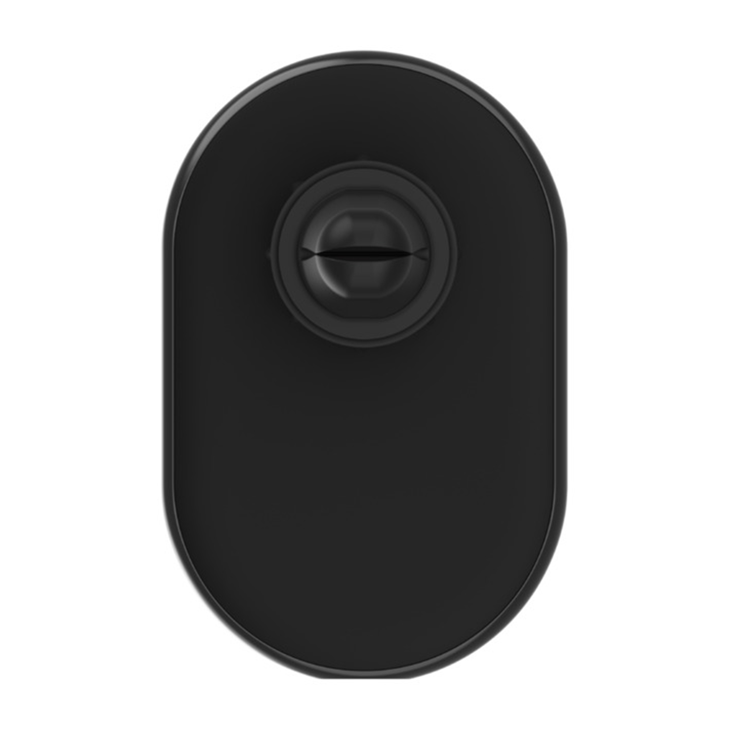 Dispositivo per la casa intelligente nero, ovale, con un pulsante centrale.
