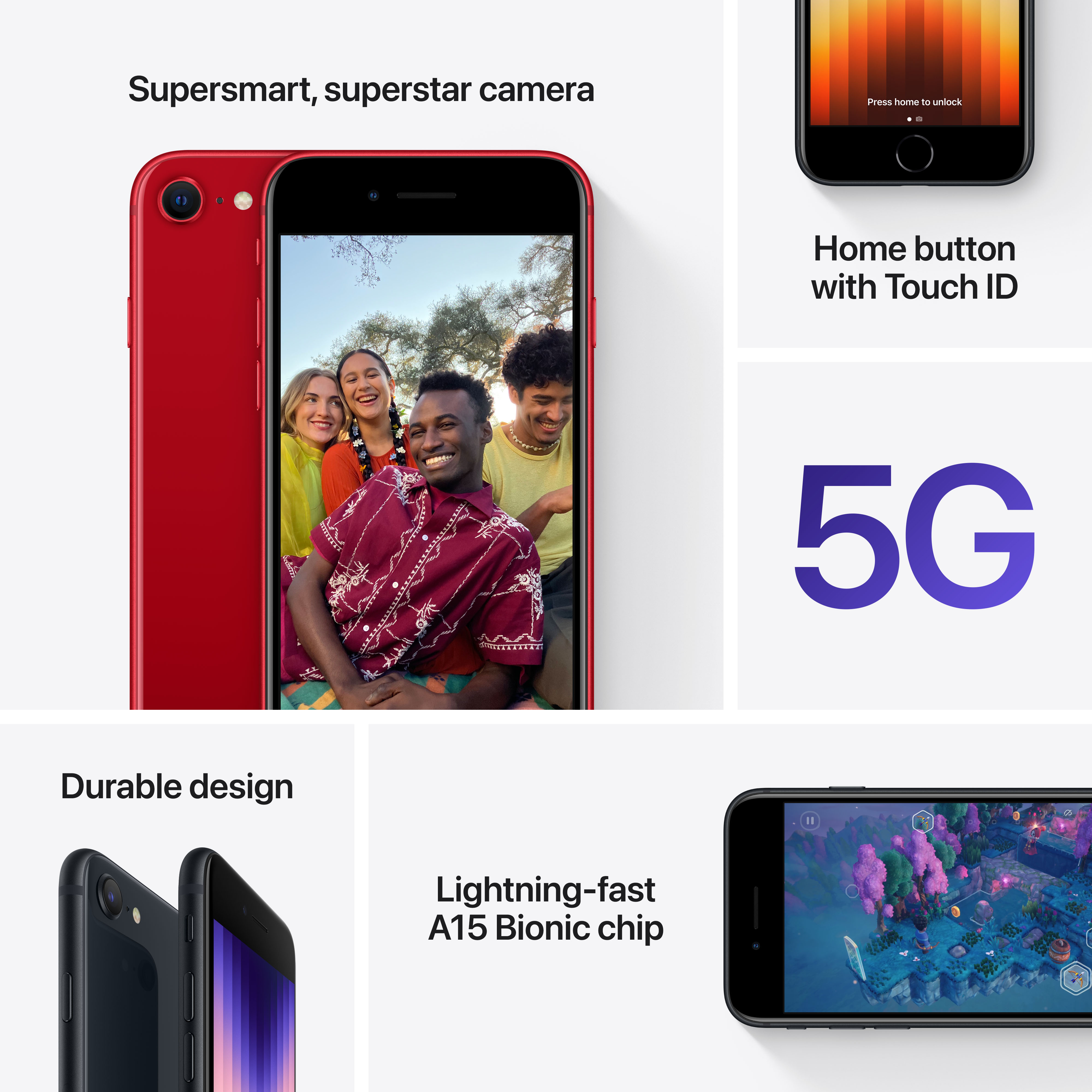 Smartphone rosso con uomo sorridente sullo schermo. Caratteristiche e design mostrati.