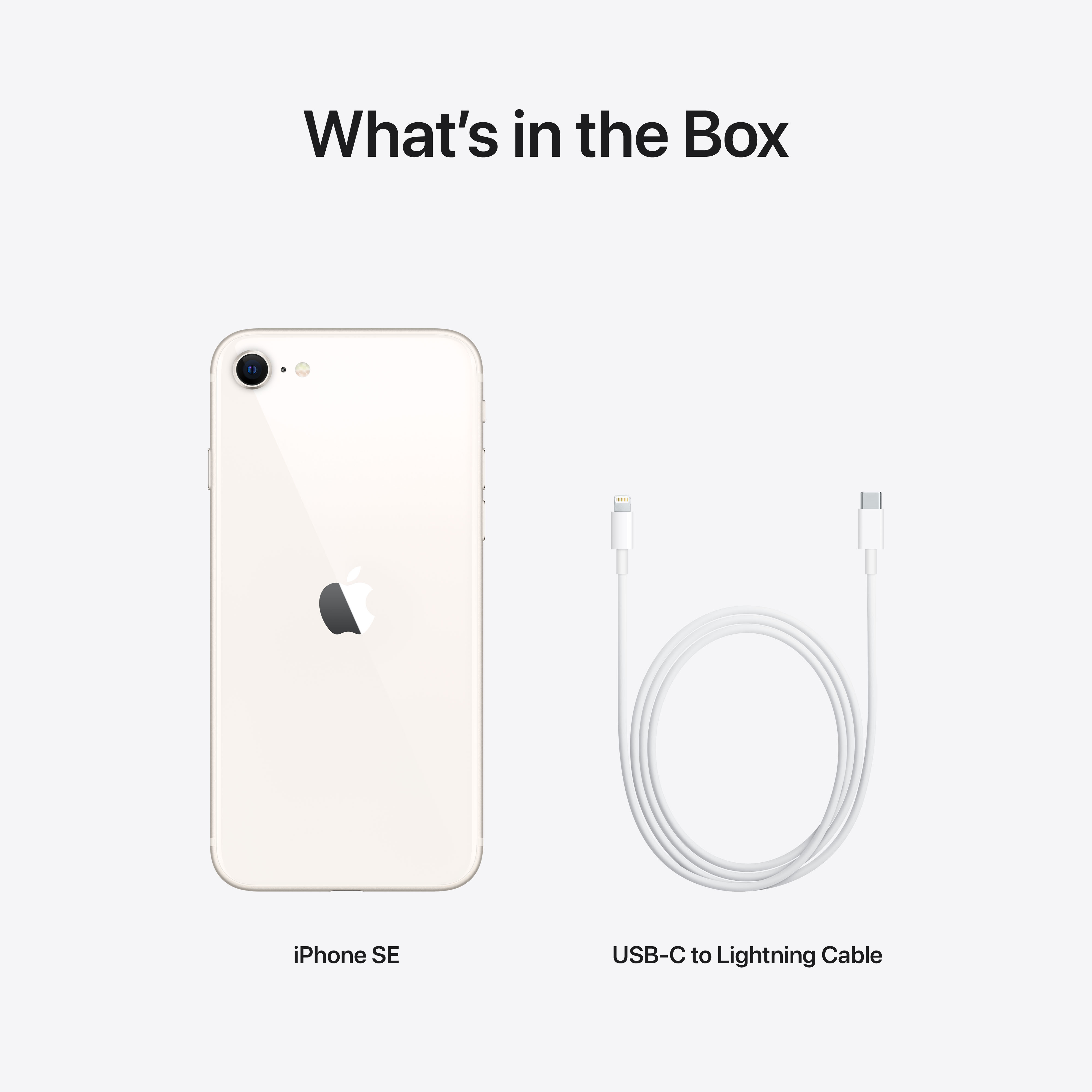 Contenuto della scatola dell'iPhone SE bianco: telefono e cavo USB-C a Lightning bianco.