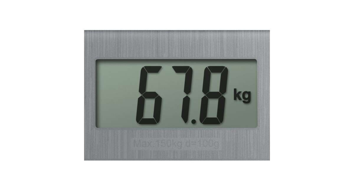 A digitális mérleg 67,8 kg-ot mutat. A mérleg ezüst metál bevonatú.