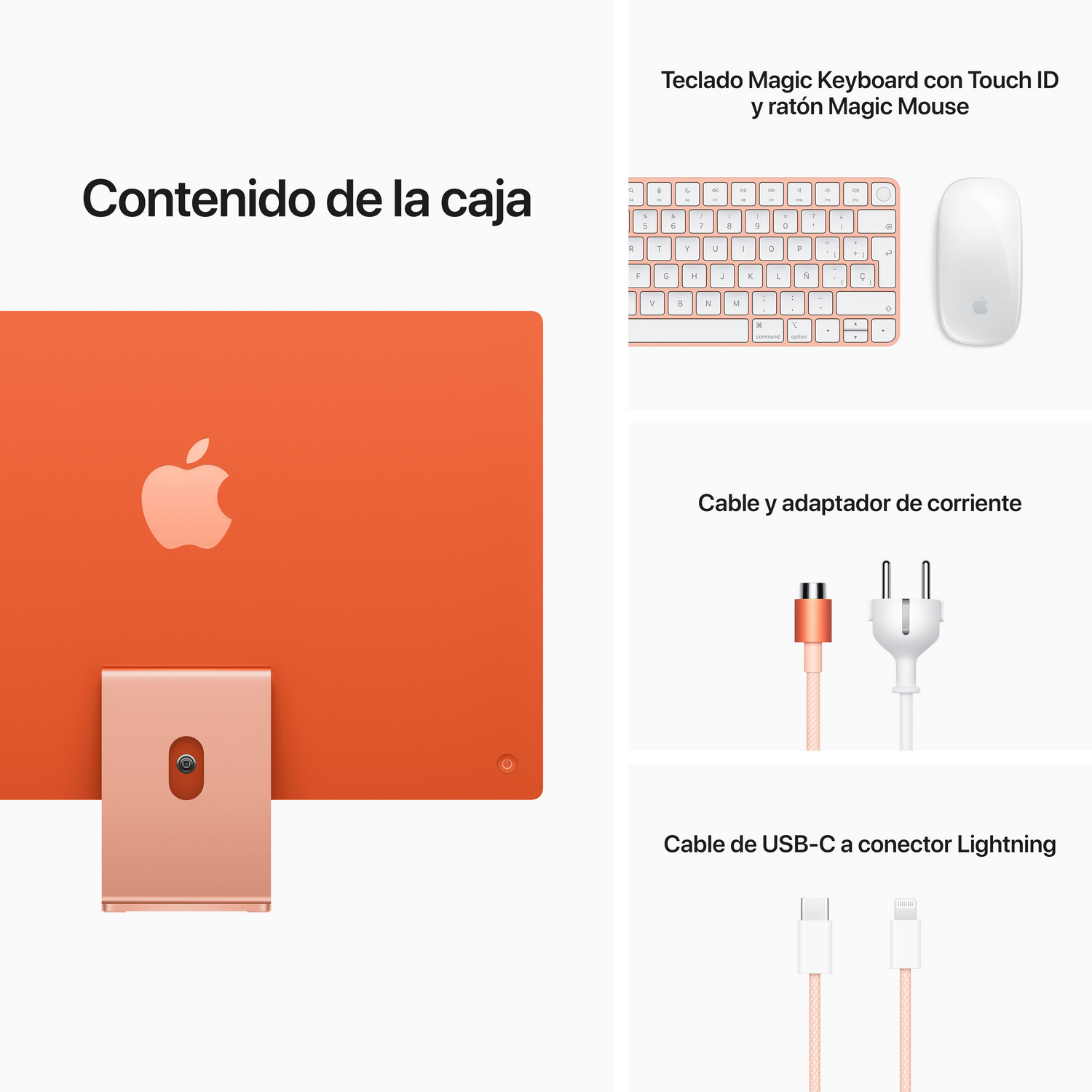 Una configuración de iMac naranja con teclado, ratón, cable de alimentación y soporte de pantalla. Diseño del contenido de la caja.