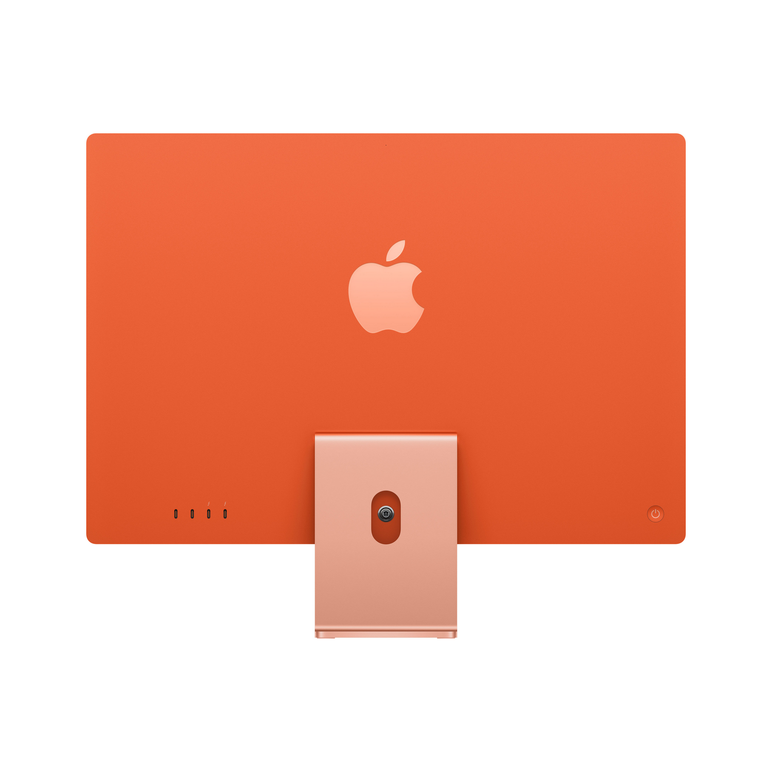 Parte trasera de un iMac naranja con puertos, el logotipo de Apple y un soporte.