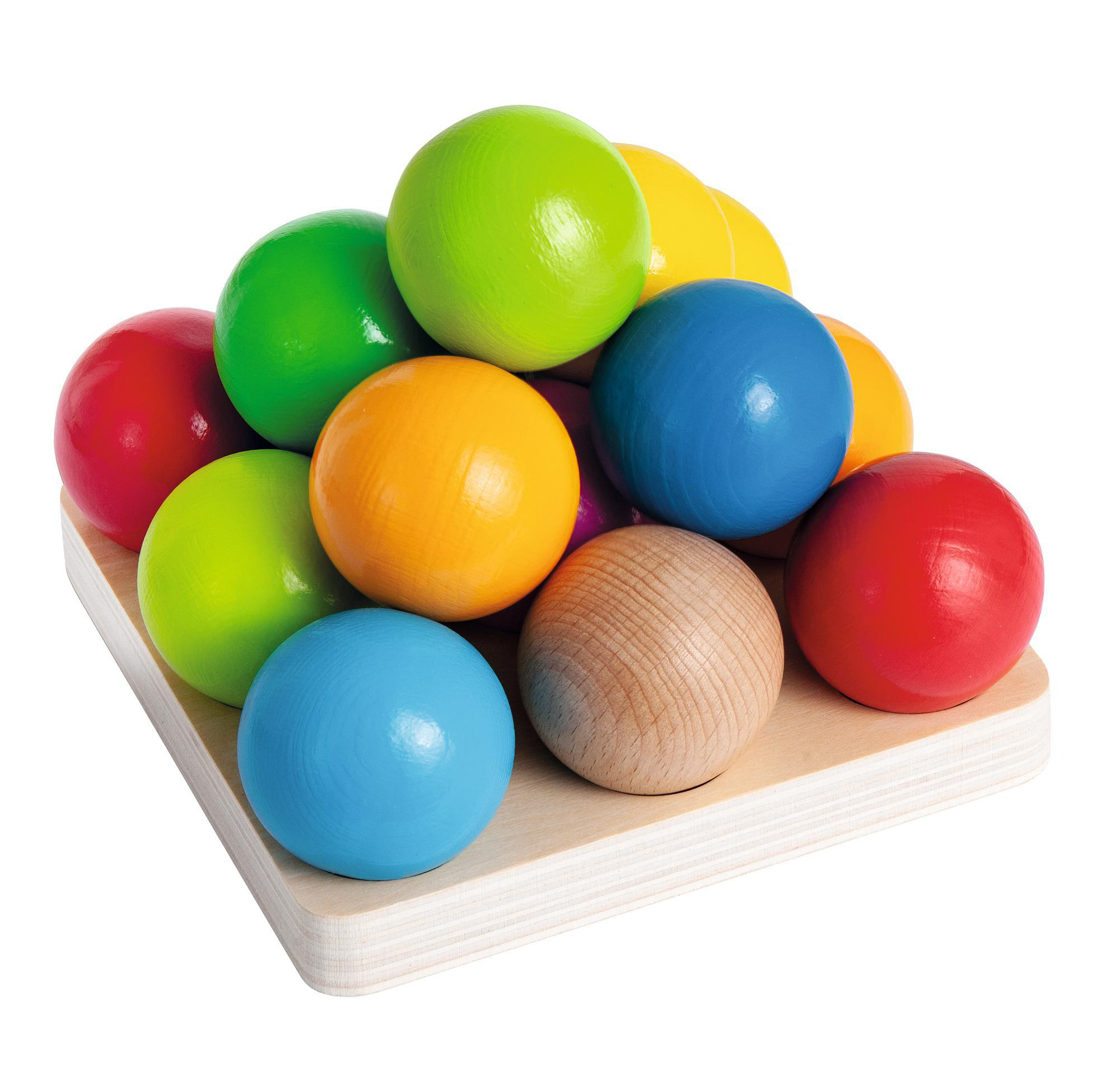 Holztafel mit bunten Kugeln in verschiedenen Farben.