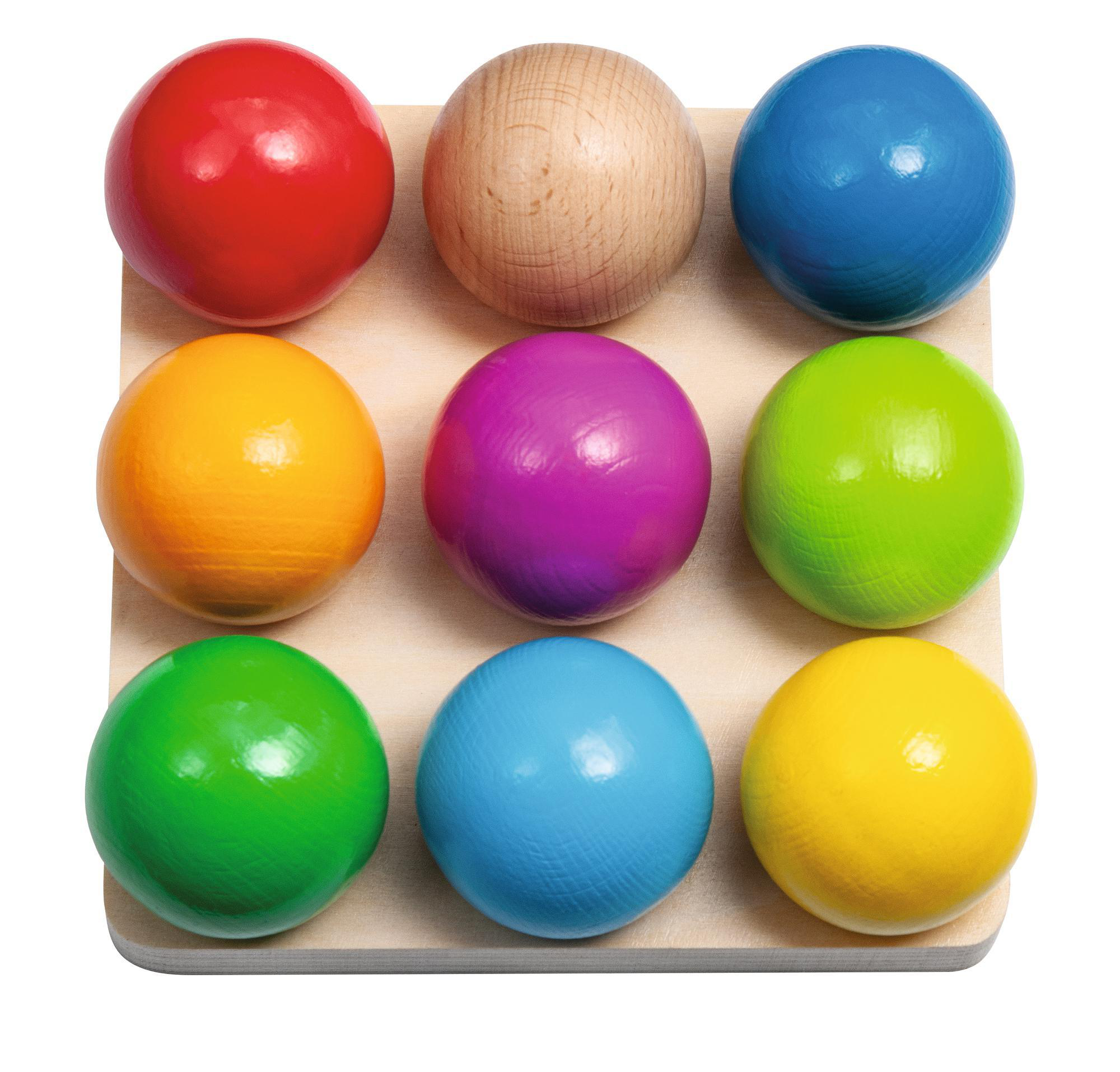 Holzquadrat mit neun farbigen Kugeln: rot, braun, blau, orange, lila, grün, grün, blau und gelb.