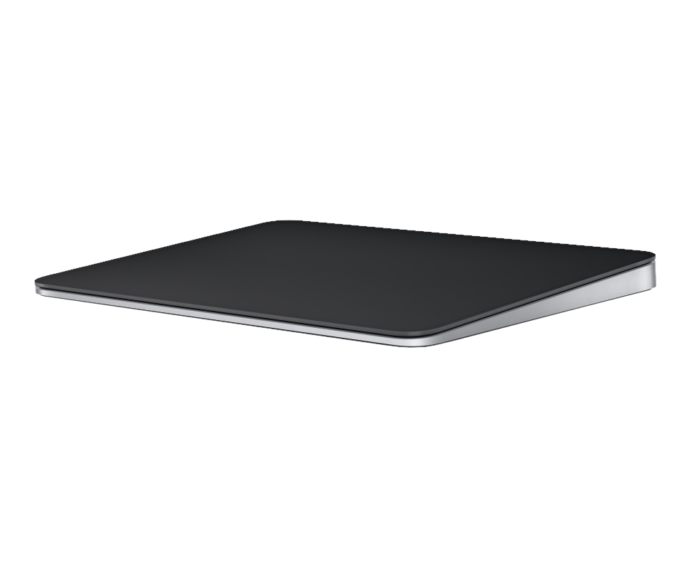 Magic Trackpad Apple nero su superficie nera. Il bordo è argento, lo sfondo è nero.