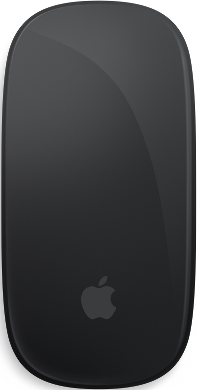 Schwarze Apple Magic Mouse. Das Apple-Logo befindet sich unten.