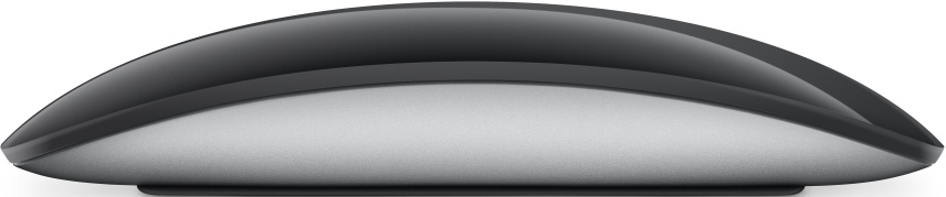 Seitenansicht einer schwarzen und silbernen Apple-Maus. Sie hat ein schlankes, geschwungenes Design. Der Boden ist silber.
