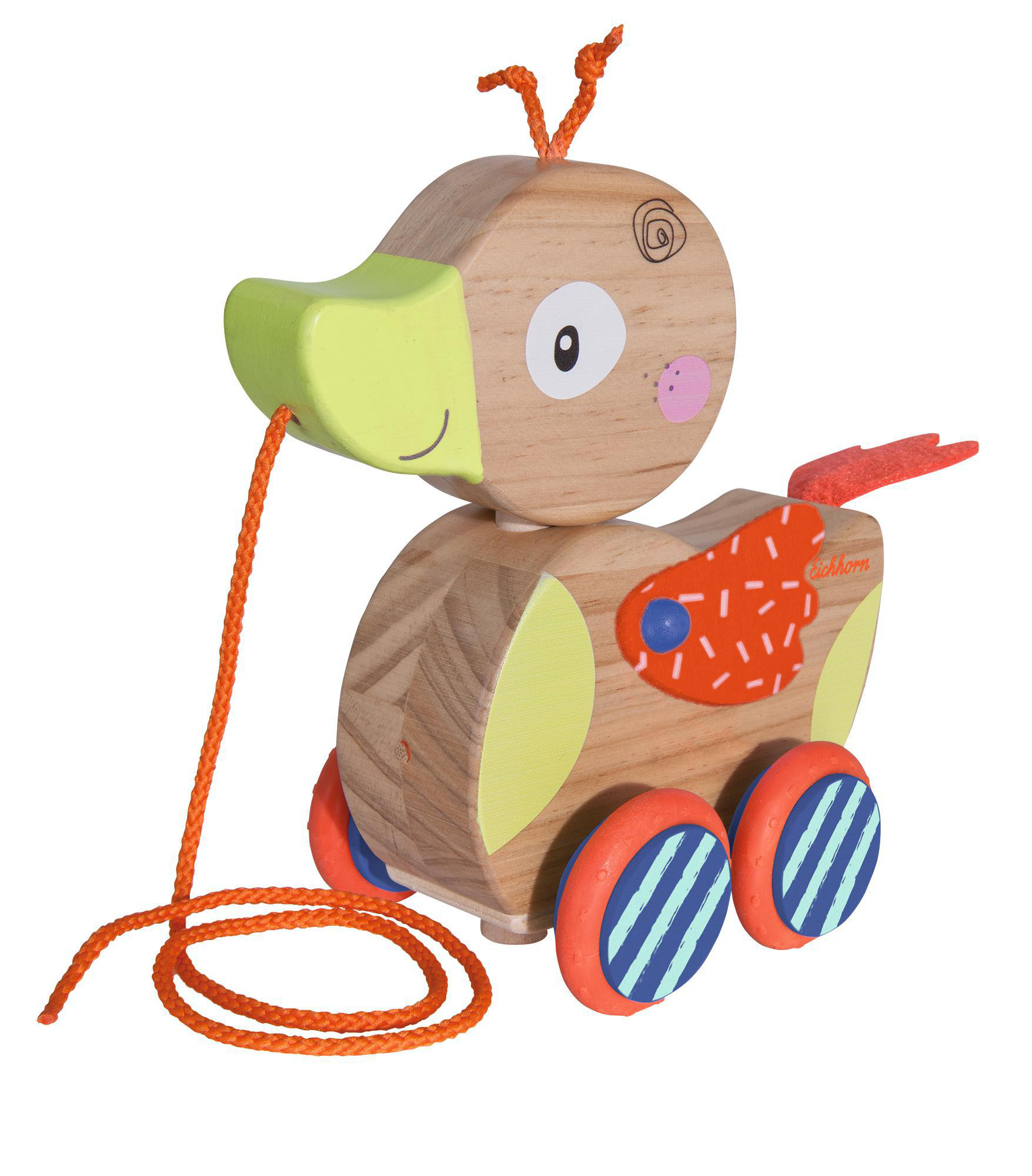 Ziehenten aus Holz. Hellbraun mit bunten Akzenten und orangefarbenen Rädern.