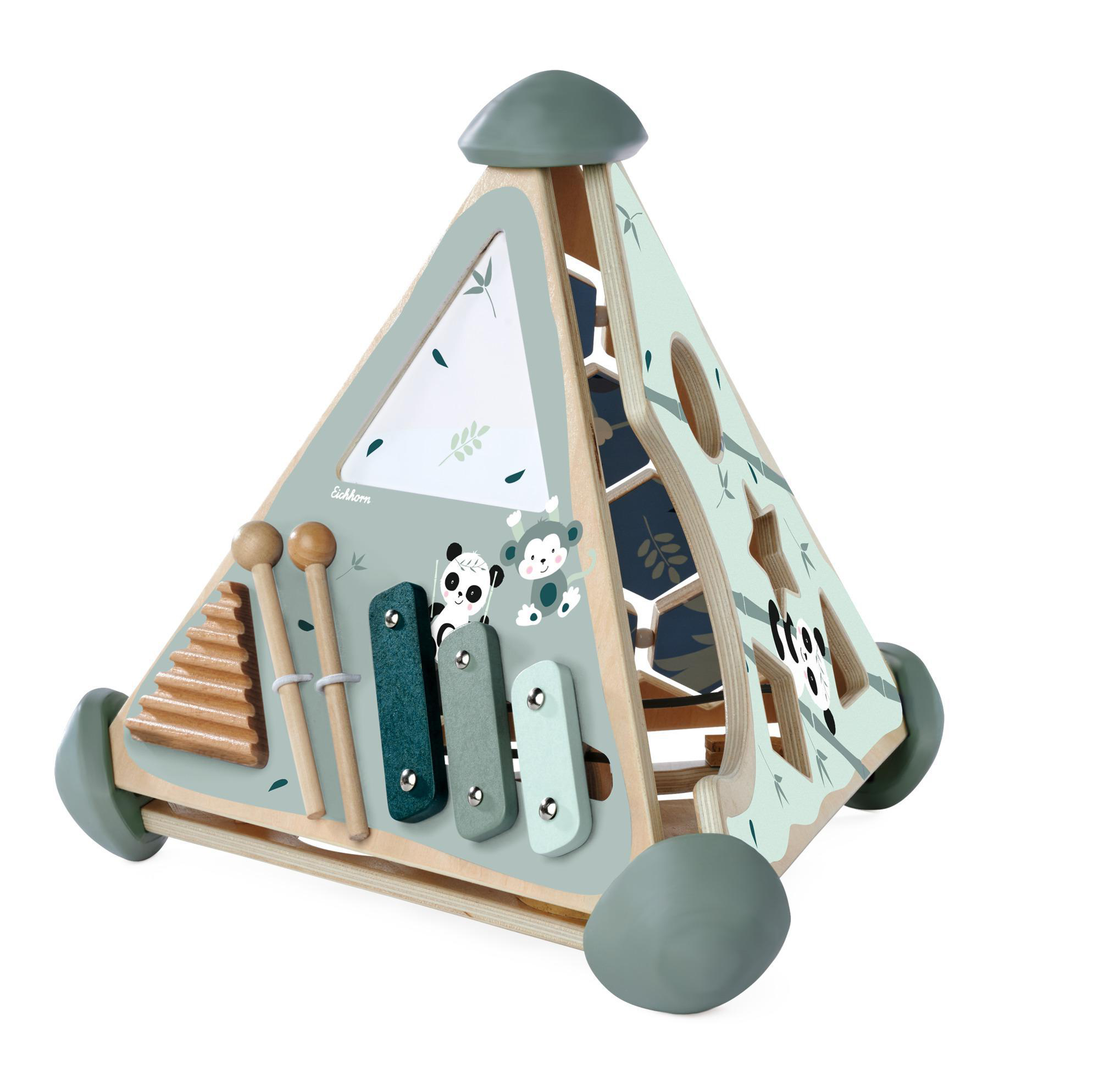 Pyramidenförmiges Holzspielzeug mit Xylophon, Spiegel und Tierfiguren. Es hat Räder.