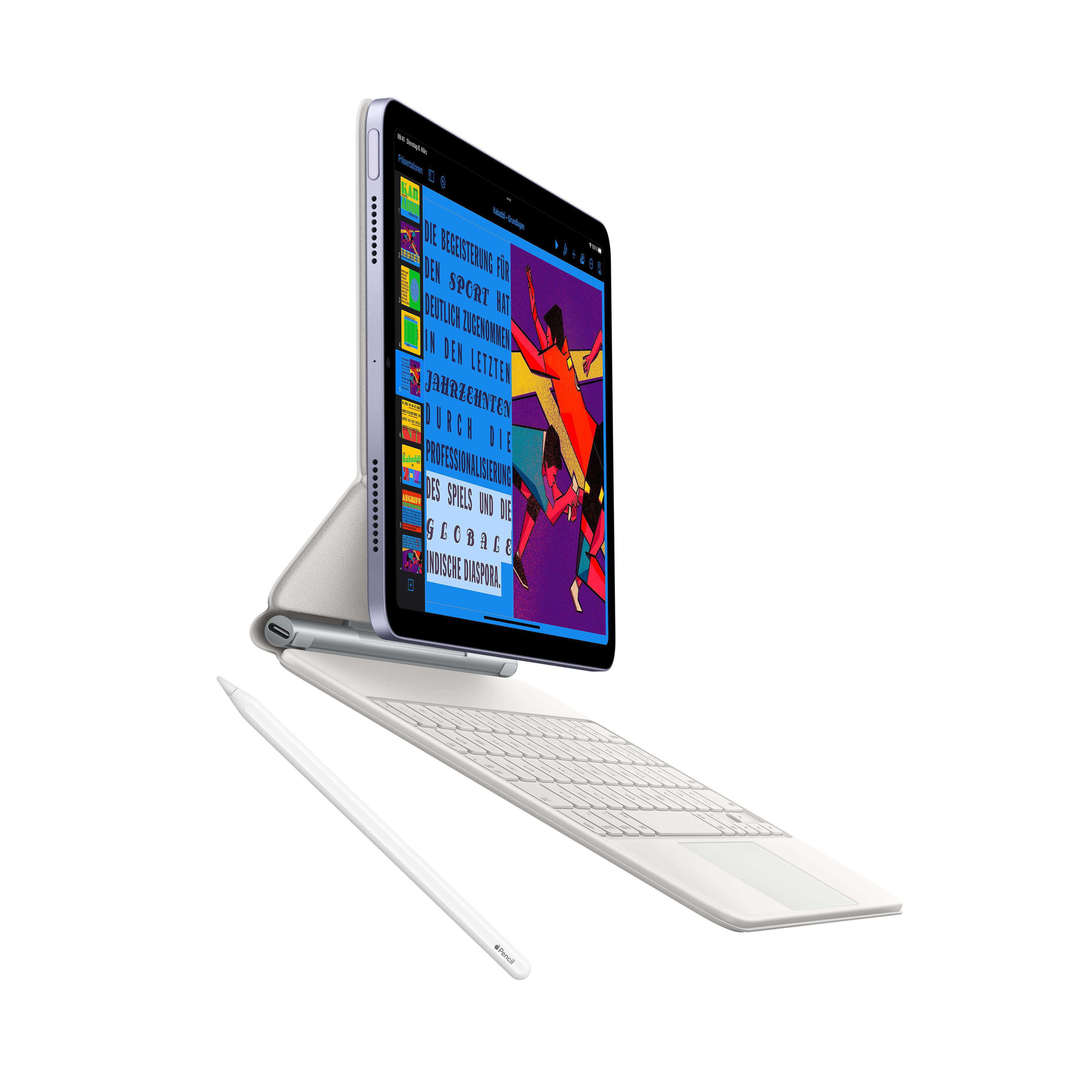 Ein iPad mit Tastatur und Stift auf weißer Oberfläche. Der Bildschirm zeigt farbenfrohe Grafiken.