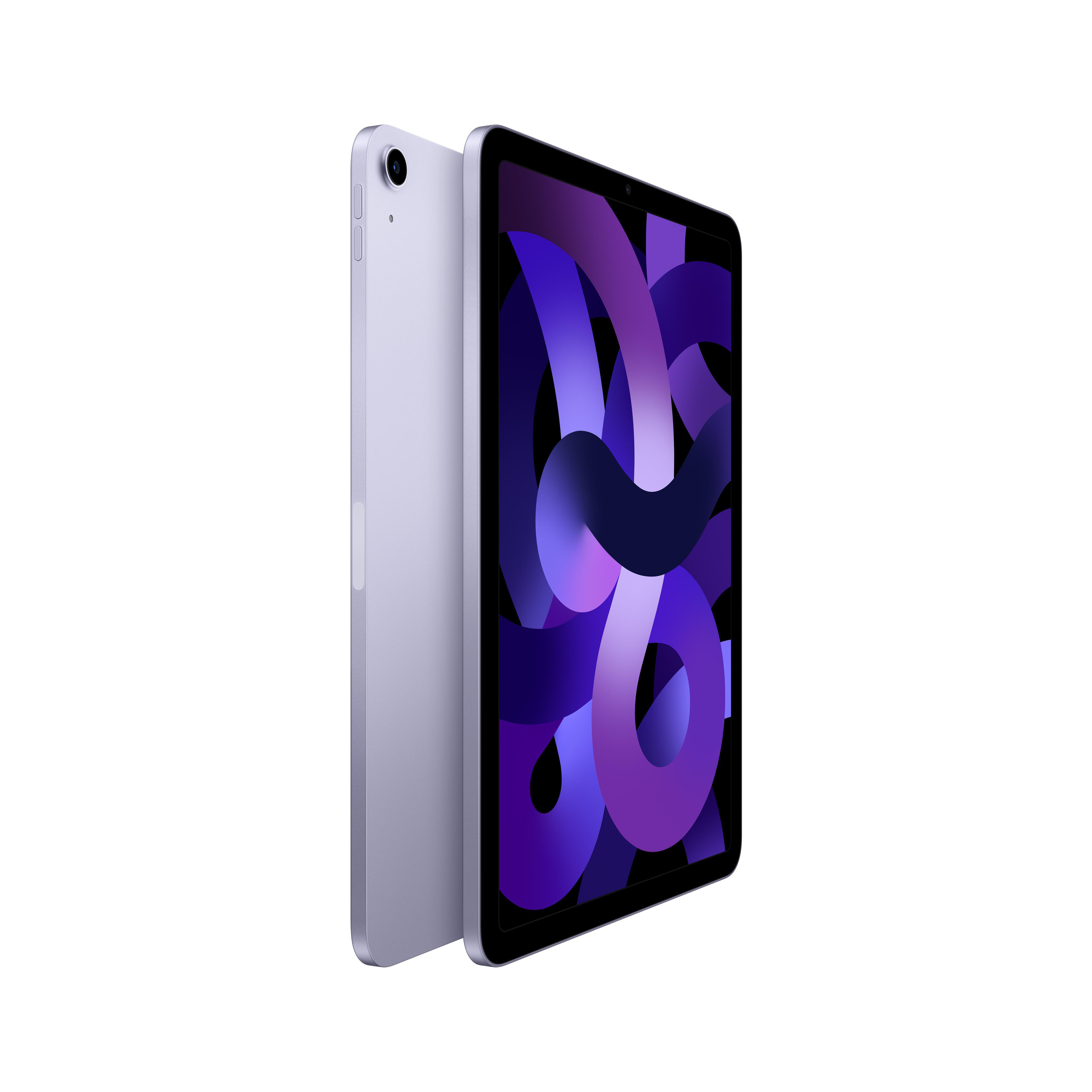 Ein lavendelfarbenes iPad Air mit Kamera, auf weißem Hintergrund, mit dunkelviolettem Bildschirm.