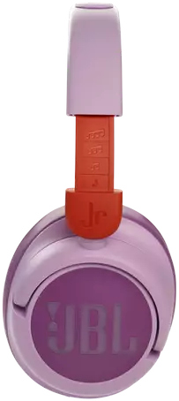 Paarse en roze JBL-hoofdtelefoon met rode accenten en een volumeschuif. Het ontwerp is minimalistisch en modern.