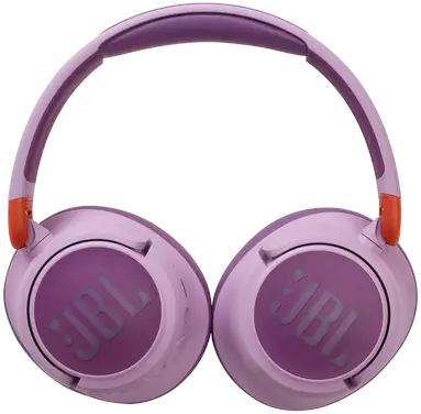 Paarse JBL-koptelefoon met oranje accenten, van bovenaf gezien, op een witte achtergrond.