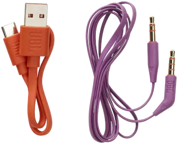 Twee kabels. Eén is oranje met een USB-connector, de andere is paars met audio-aansluitingen. JBL is gemarkeerd.